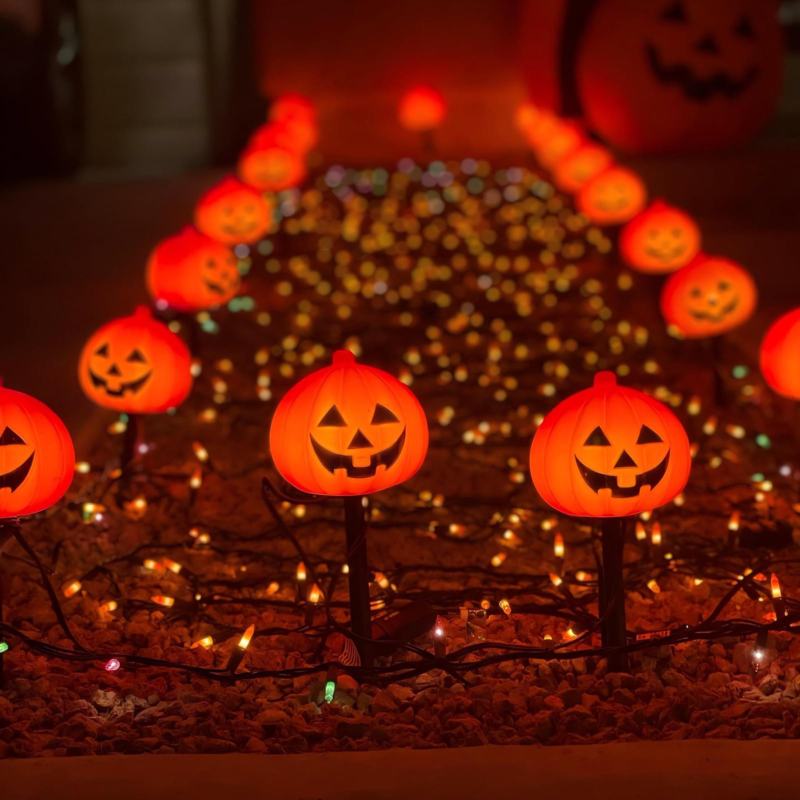 Egcol 4 Pack Halloween Pumpkin Pathway Lights - 7Ft Outdoor Decorative String Lights With 4 Jack-O-Lantern Stake Lights For Hall