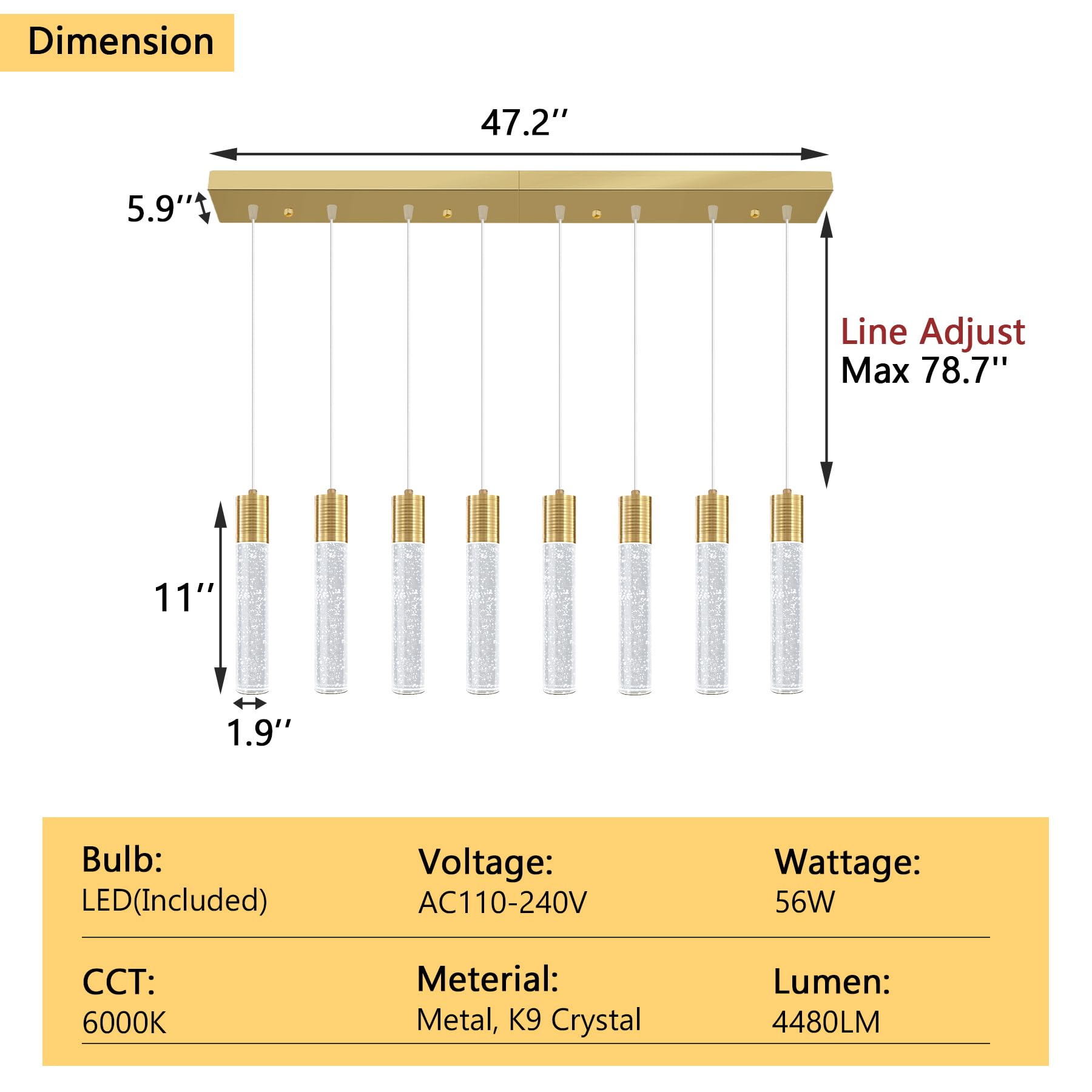 dolria 8-Lights Modern Crystal Chandelier - Metal LED Pendant Light for Kitchen, Dining Room, Hallway - Gold Finish, Model PC0019-CT-8G