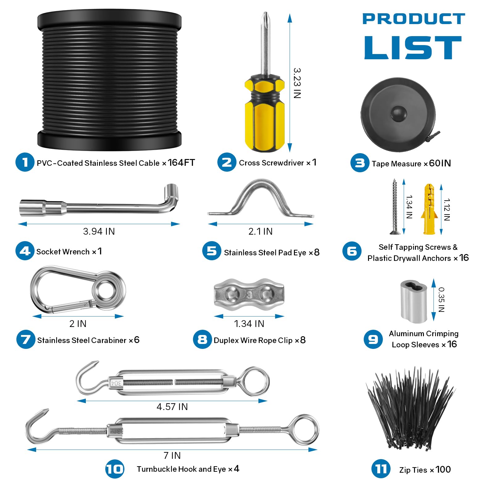 Nereus String Light Hanging Kit With 250 Ft Vinyl Coated 304 Stainless Steel Cable, String Light Suspension Kit, Guide Wire With Turnbuckles And Hooks For Patio, Backyard Lighting Accessories