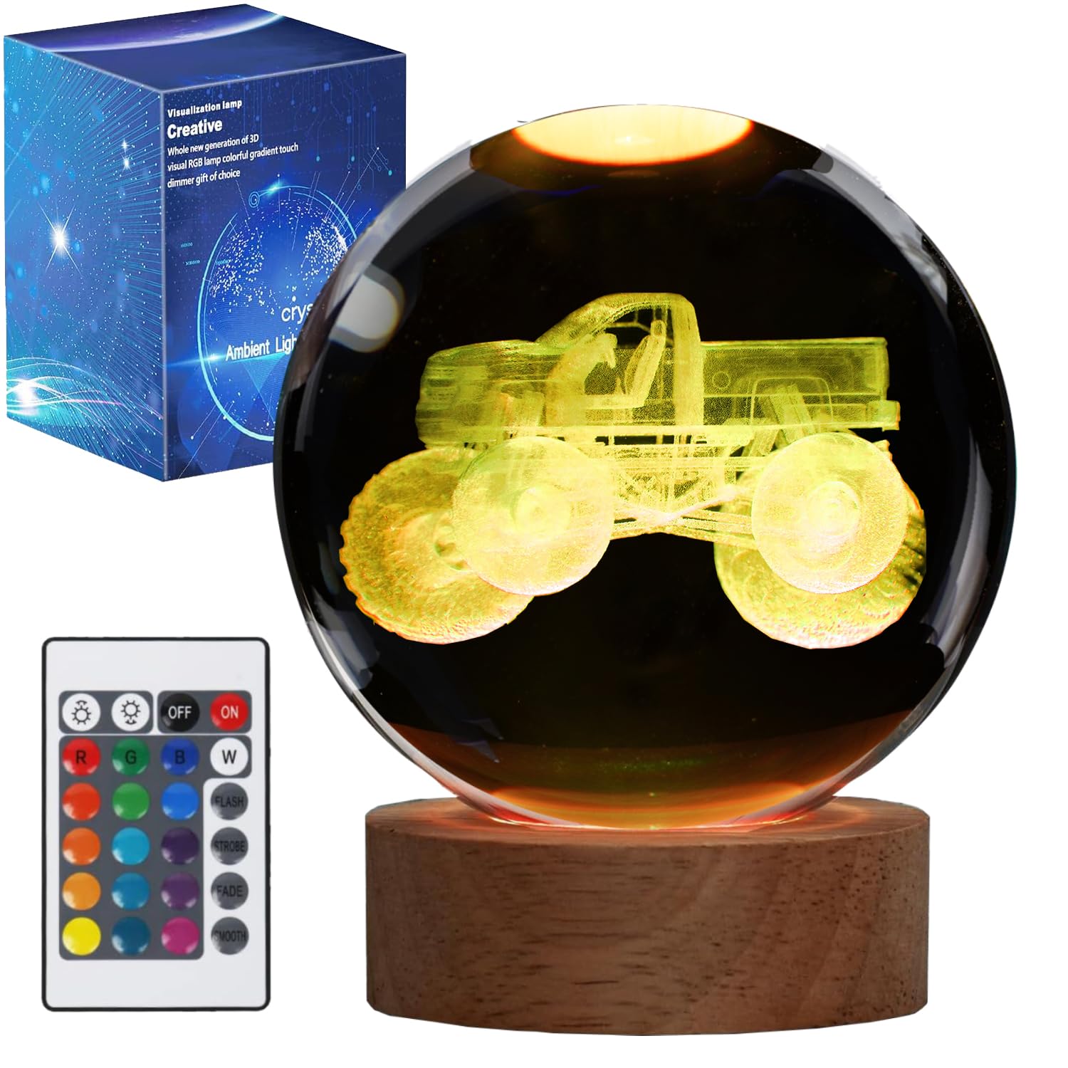 Monster Truck Night Light, Monster Truck Gifts, 3D Crystal Ball Night Light with Remote Upgraded 3.15 Inch Lamps with 16 Color f
