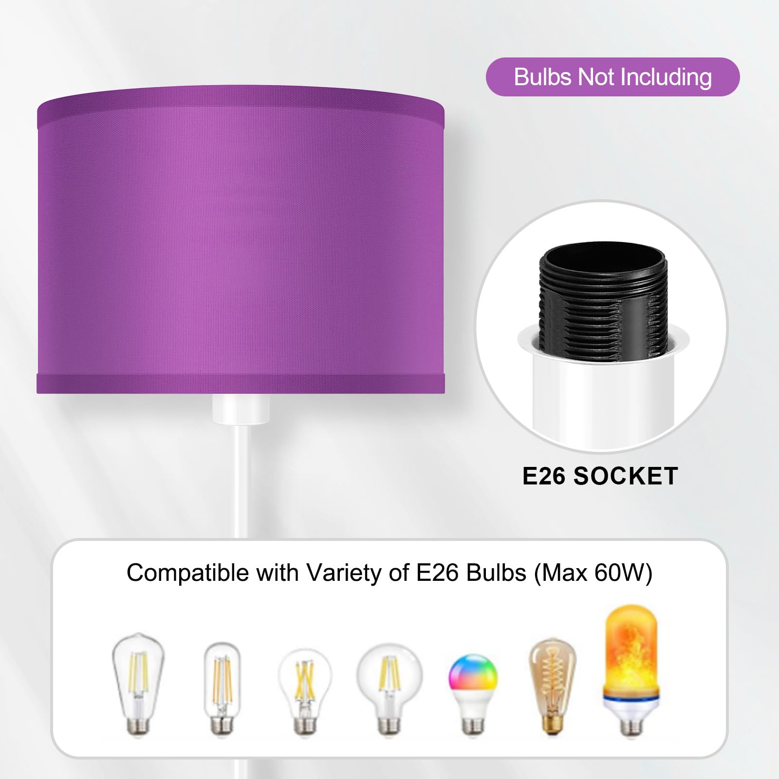 AUQUEE Floor Lamp, Modern 59" Standing Lamp with Purple Lampshade, Metal, White, Foot Switch - Model AQ1123US