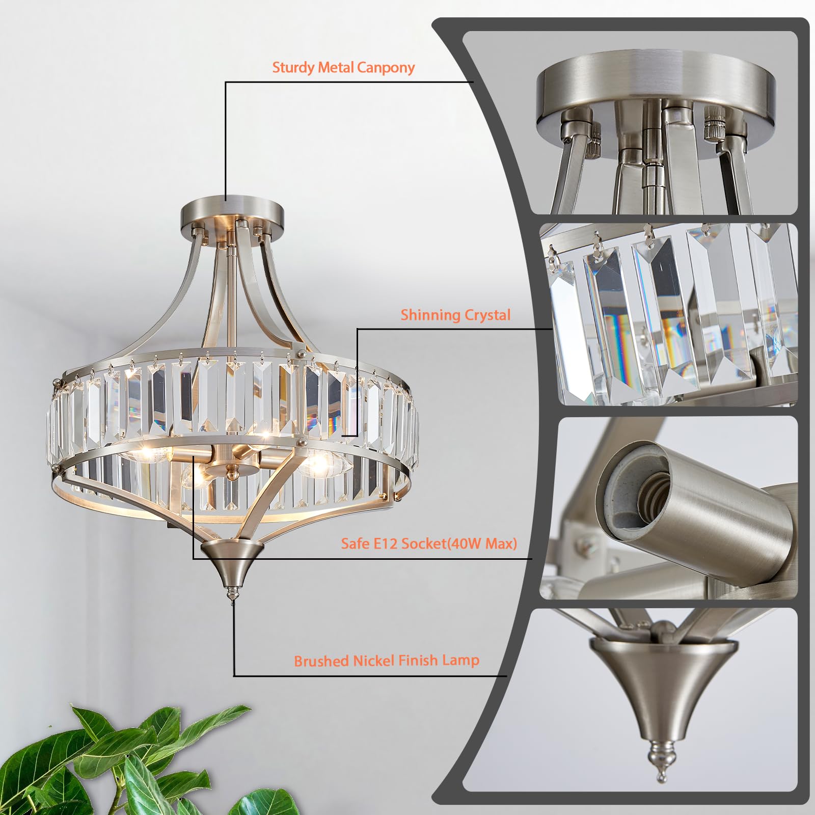 Majhoiw Brushed Nickel 4-Light Crystal Semi Flush Mount Ceiling Light Fixture Rustic Farmhouse Ceiling Lighting With Round Metal