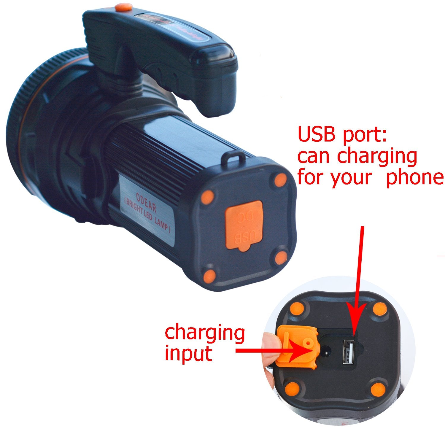 ODEAR Super Bright LED Spotlight - USB Rechargeable Handheld Flashlight for Camping, Hiking, Fishing - Black, Model F3-95B