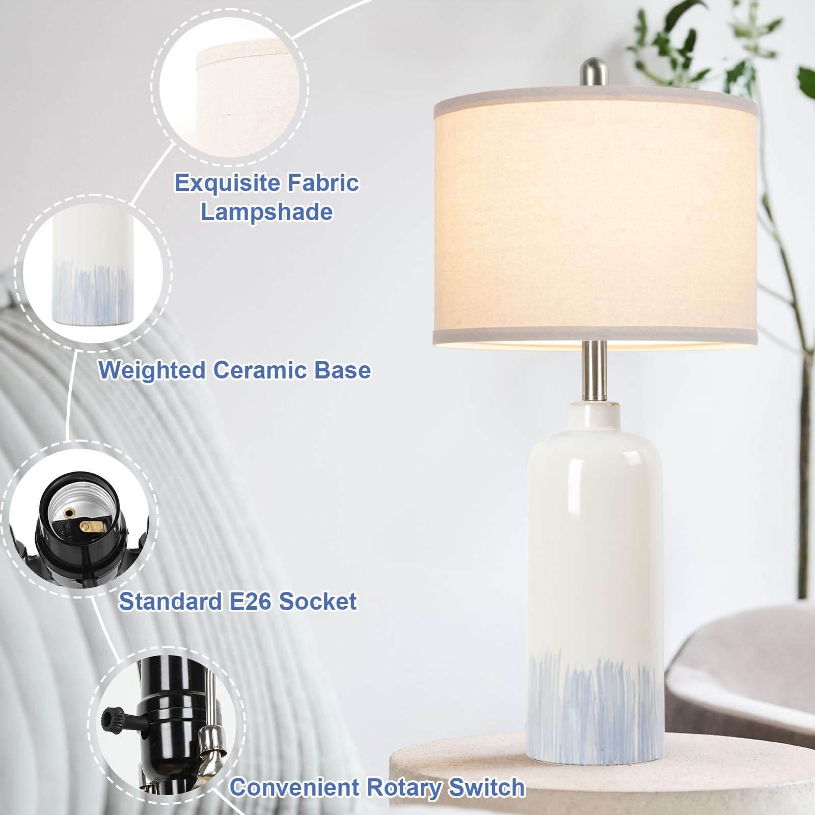 Sucolite 26" Coastal Ceramic Table Lamps Set of 2, Blue & Cream Shades, Modern Bedside Lighting for Living Room, Bedroom, Office, Model TB0294-2