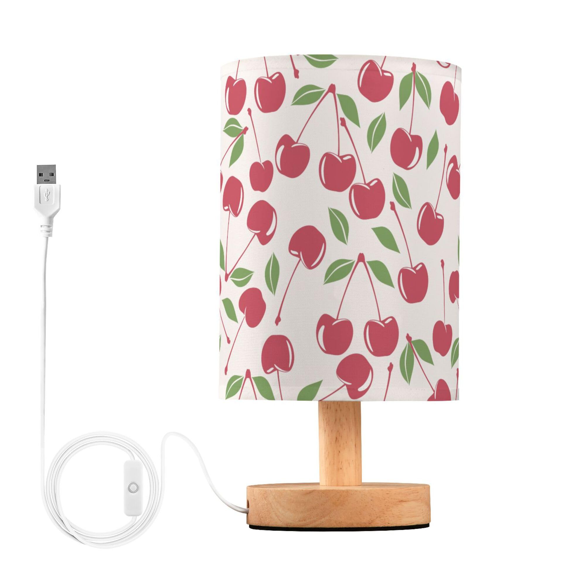 YYZZH Table Lamp Vintage Cherry Pattern on Pink Nightstand Lamp with Wood Base Fabric Lamp Shade Bedside Desk Lamp for Living Ro