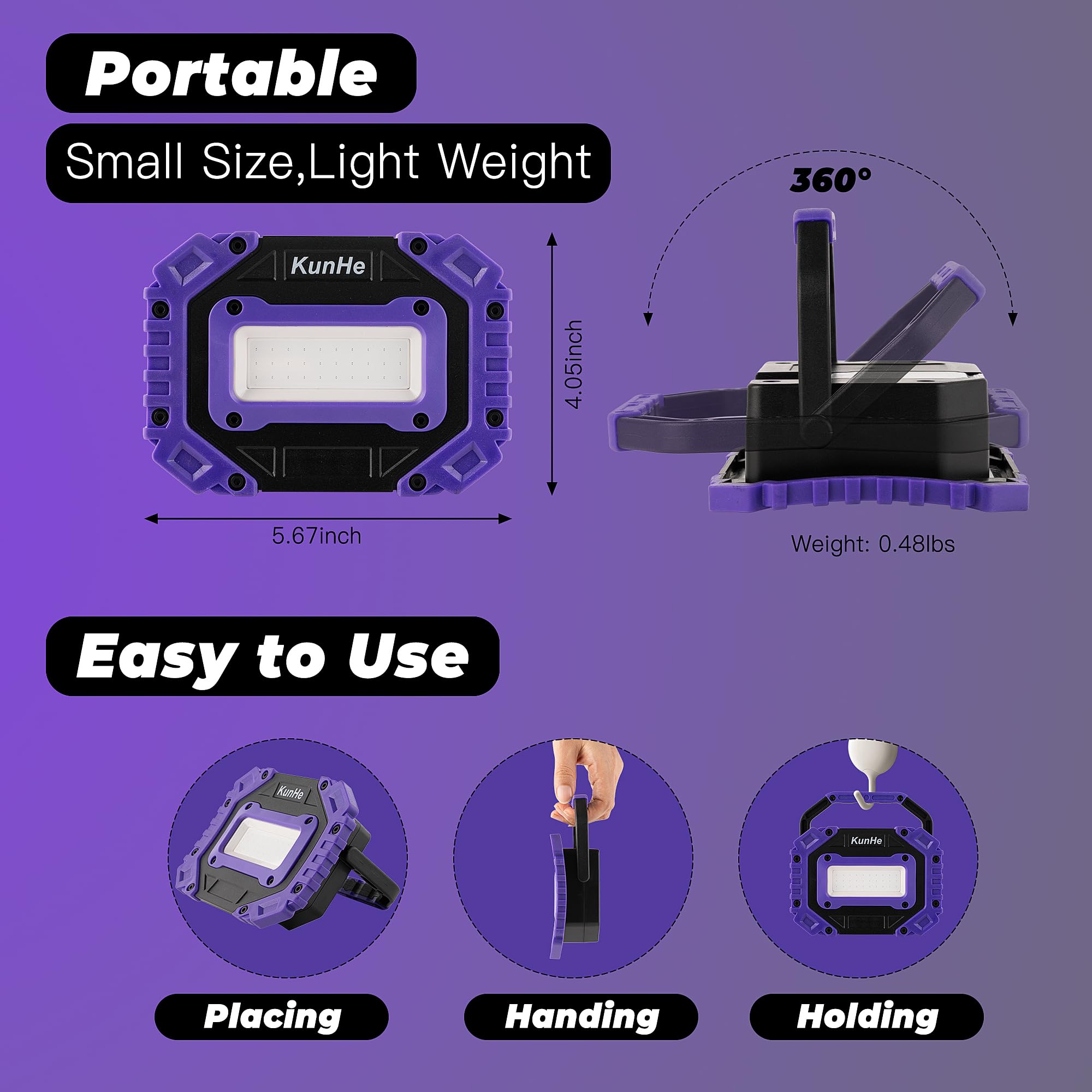 Kunhe Rechargeable Black Light,Portable Battery Powered Blacklight Lamp,Cordless 395Nm Floodlight For Night Fishing,Dark Glow Pa