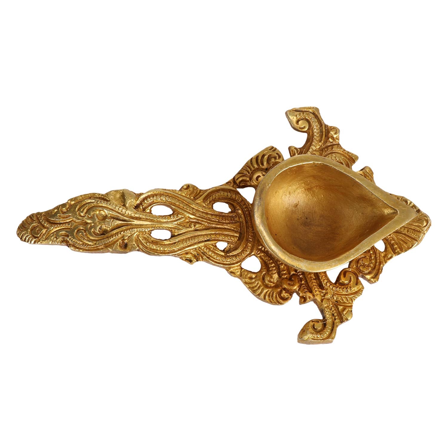 Kartique Brass Hand Held Puja Aarti Oil Diya with Long Handle (Gold_4 Inch X 7 Inch X 1.5 Inch)