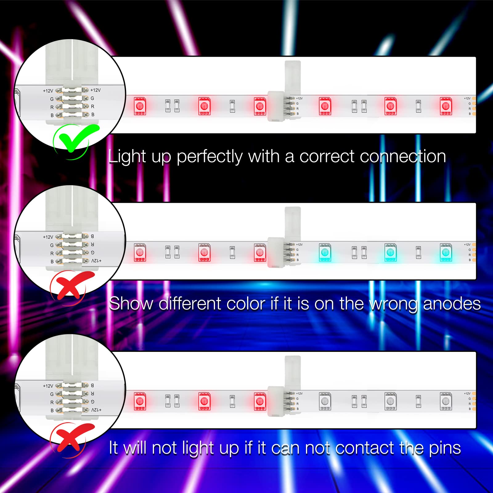 DAYBETTER 20 Pcs 4 Pin LED Light Connectors, Solderless Adapter Clips for 10mm SMD 5050 RGB Strip Lights, Model DRF0367