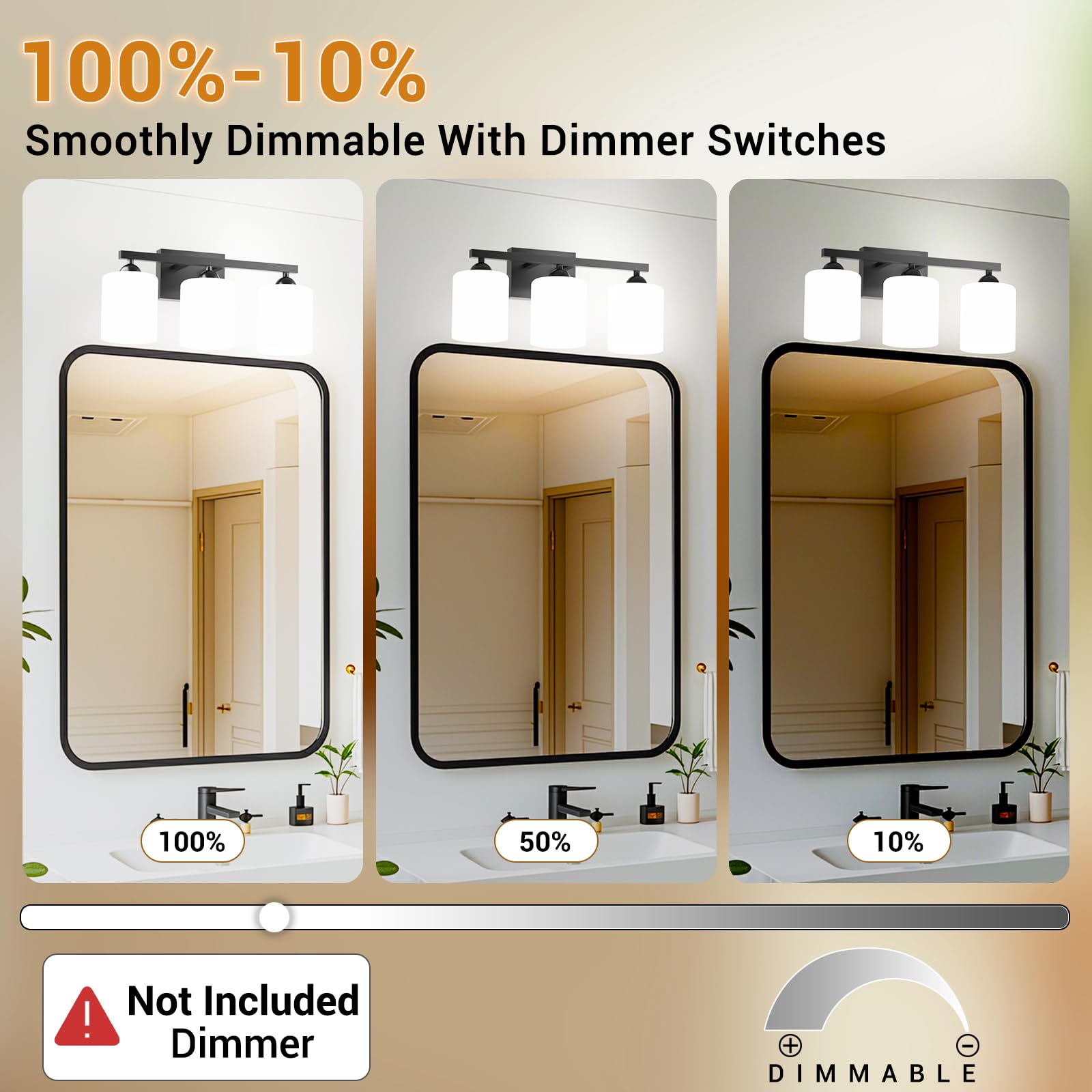 Quntis Bathroom Light Fixtures, 3 Lights LED Vanity Light, Black & Milky White, Adjustable, 18.9 Inch, Energy-Saving