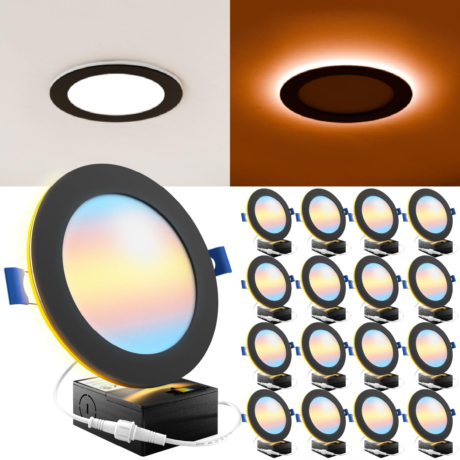 Sunco 12 Pack Black Recessed Lights 6 Inch Led, Canless With Night Light, Wafer Thin, 1500 Lumens, Selectable Cct 2700K/3000K/40