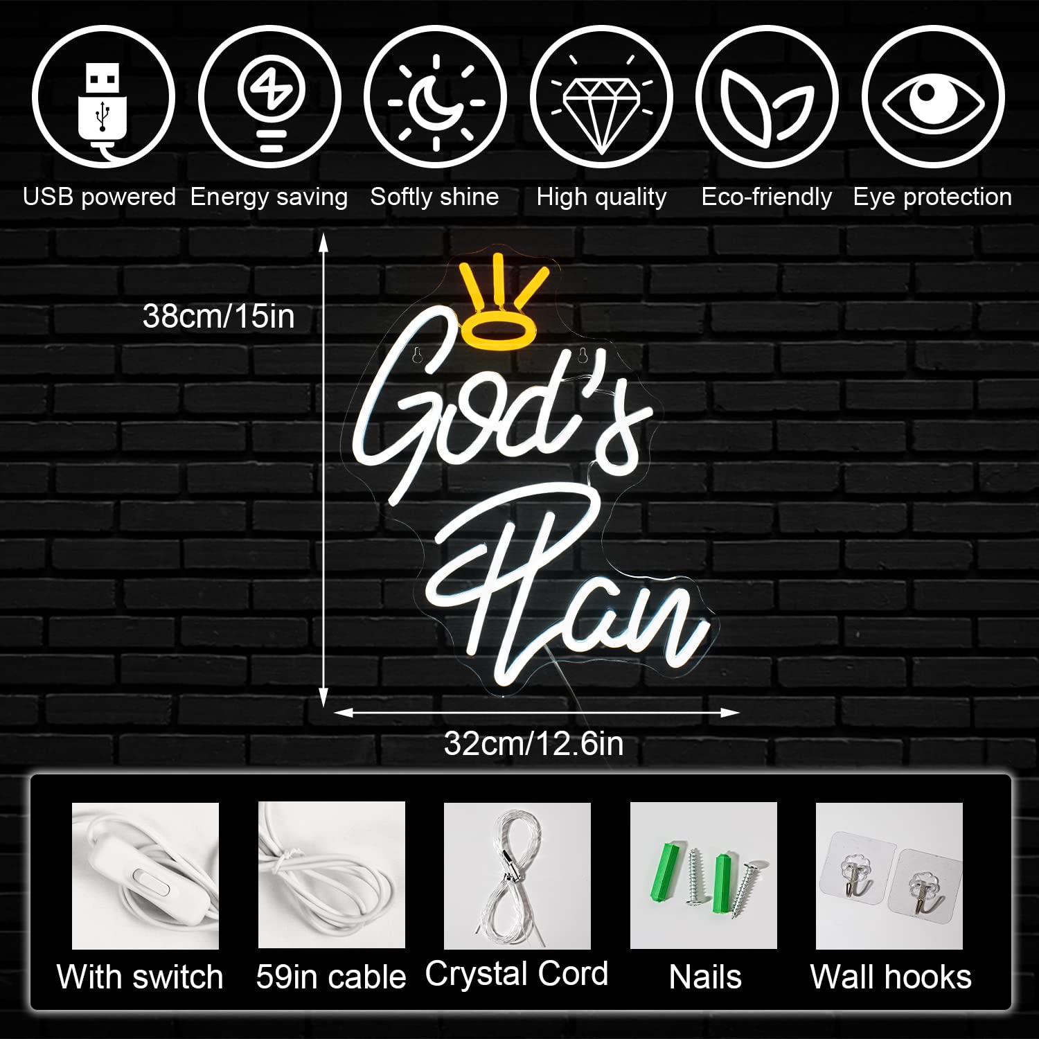 Horseneon God’s Plan Neon LED Sign, White Acrylic Wall Decor, USB Powered, Model Gods Plan-1275