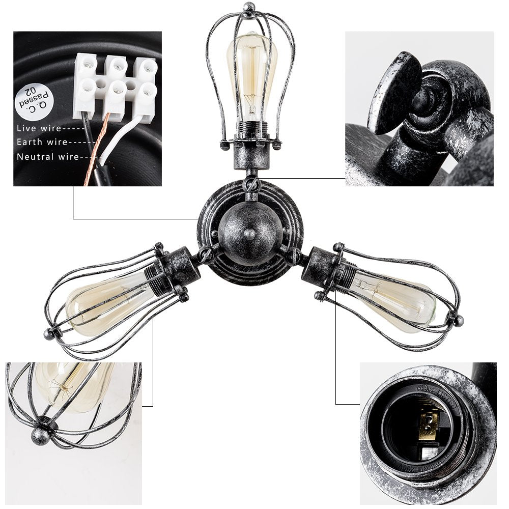 Moonkist Vintage Ceiling Light Industrial Rotatable Semi-Flush Mount Ceiling Light Metal Lamp Fixtures Painted Finish (With 3 Li