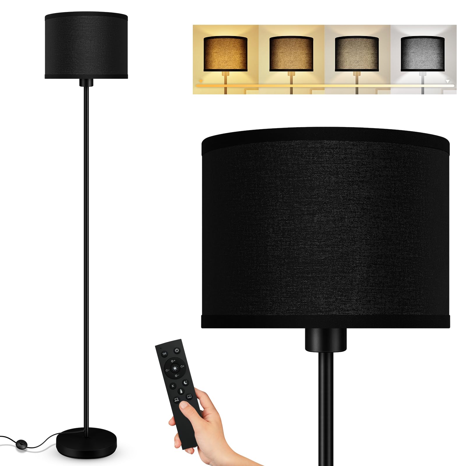 Bricosmocon Floor Lamp, 10W/1200LM, Stepless Dimmable, 2700K-6500K, Black, Modern Design for Living Room/Bedroom/Office