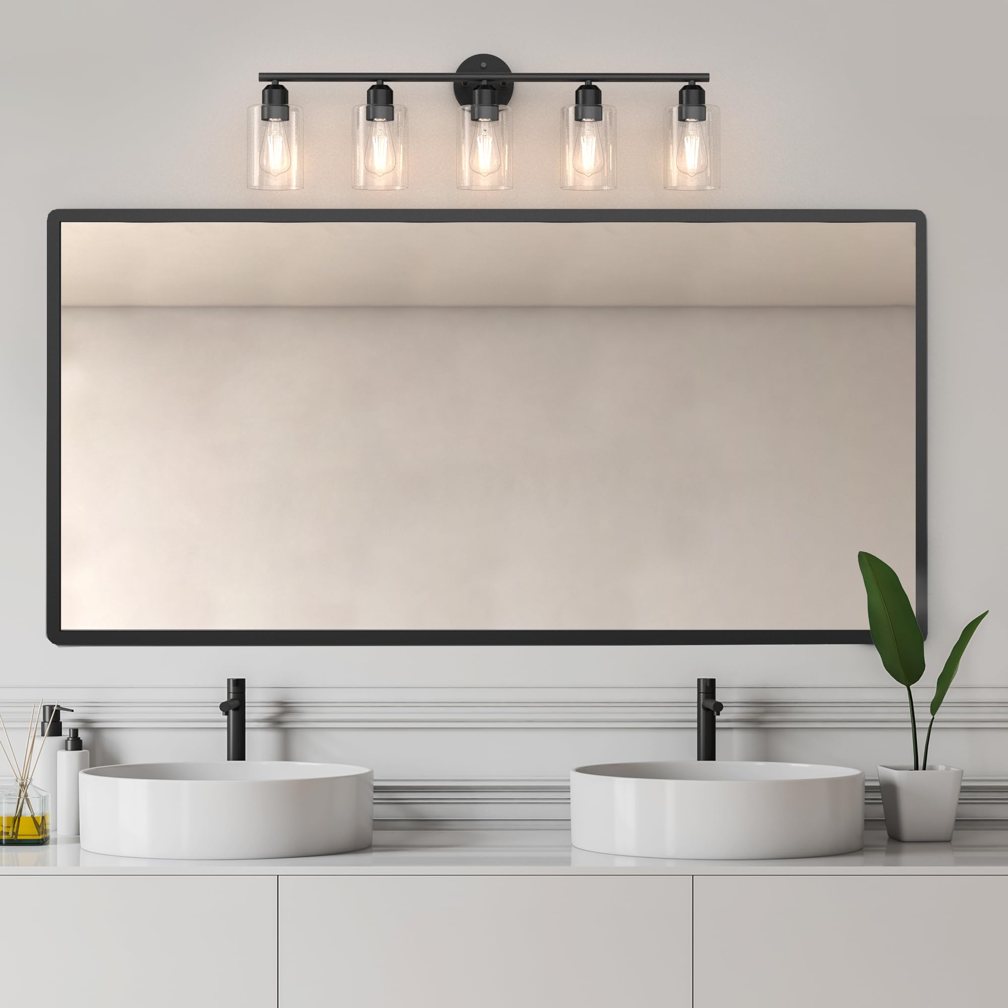 Espird Bathroom Vanity Light Fixture, 5 Lights, Matte Black, Metal, Model L01-5-BK, Modern Wall Sconces with Glass Shades