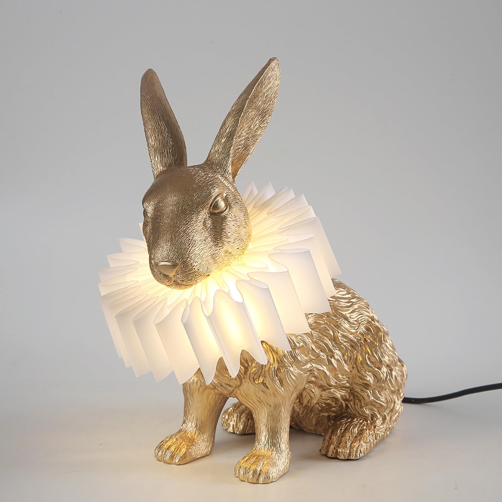 Lazhug Scarf Rabbit Table Lamp,Resin Crafted Gold Bunny Lamp Featuring White Pleated Pc Lampshade,Usb Plug,Energy-Efficient Nigh