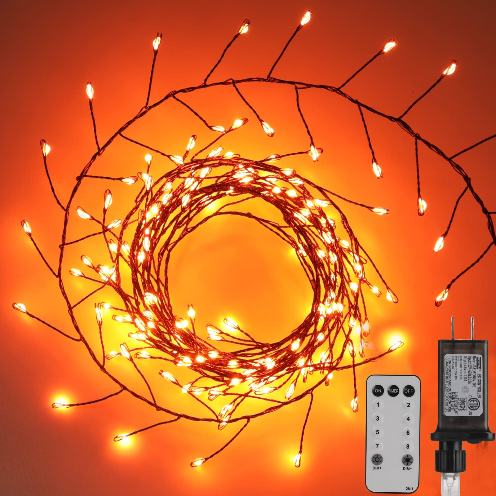 Halloween Fairy Lights Plug in, 10Feet 200 LEDs Firecracker String Lights with Remote, Cluster String Lights for Ceiling Bedroom
