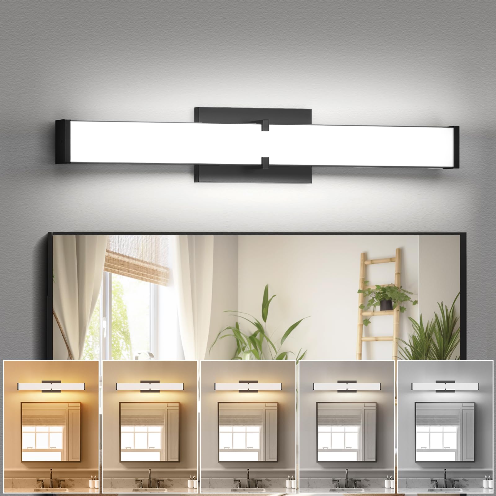 Hopai Modern Led Bathroom Light Fixtures 32 Inch, 36W 3200 Lumen Dimmable Bathroom Vanity Light, 5Cct Bathroom Light Bar, Black
