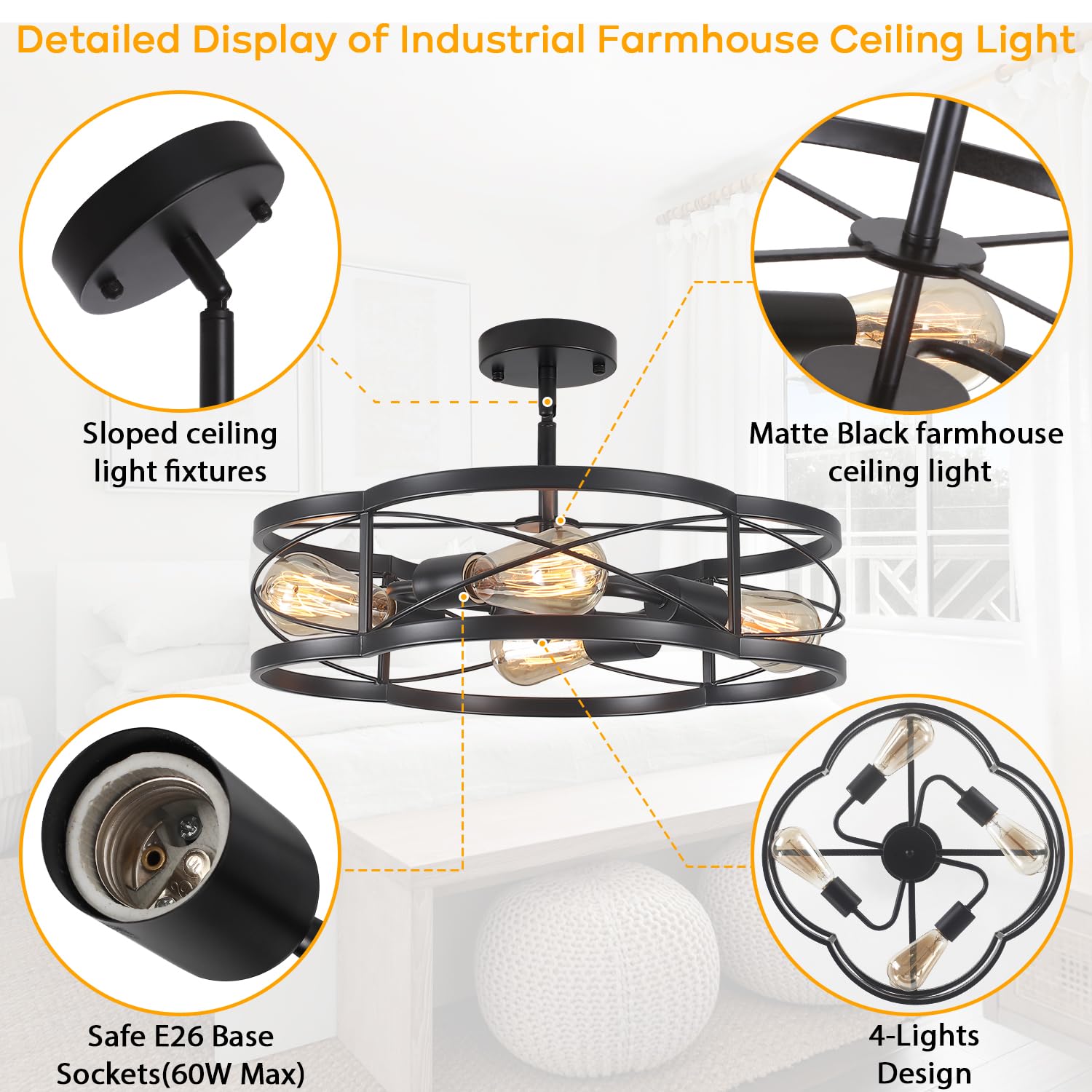 Black Semi Flush Mount Ceiling Lights  Sloped Dining Room Light Fixture Farmhouse Chandelier  Kitchen Island Pendant Lighting Adjustable Height For Entryway Hallway Foyer