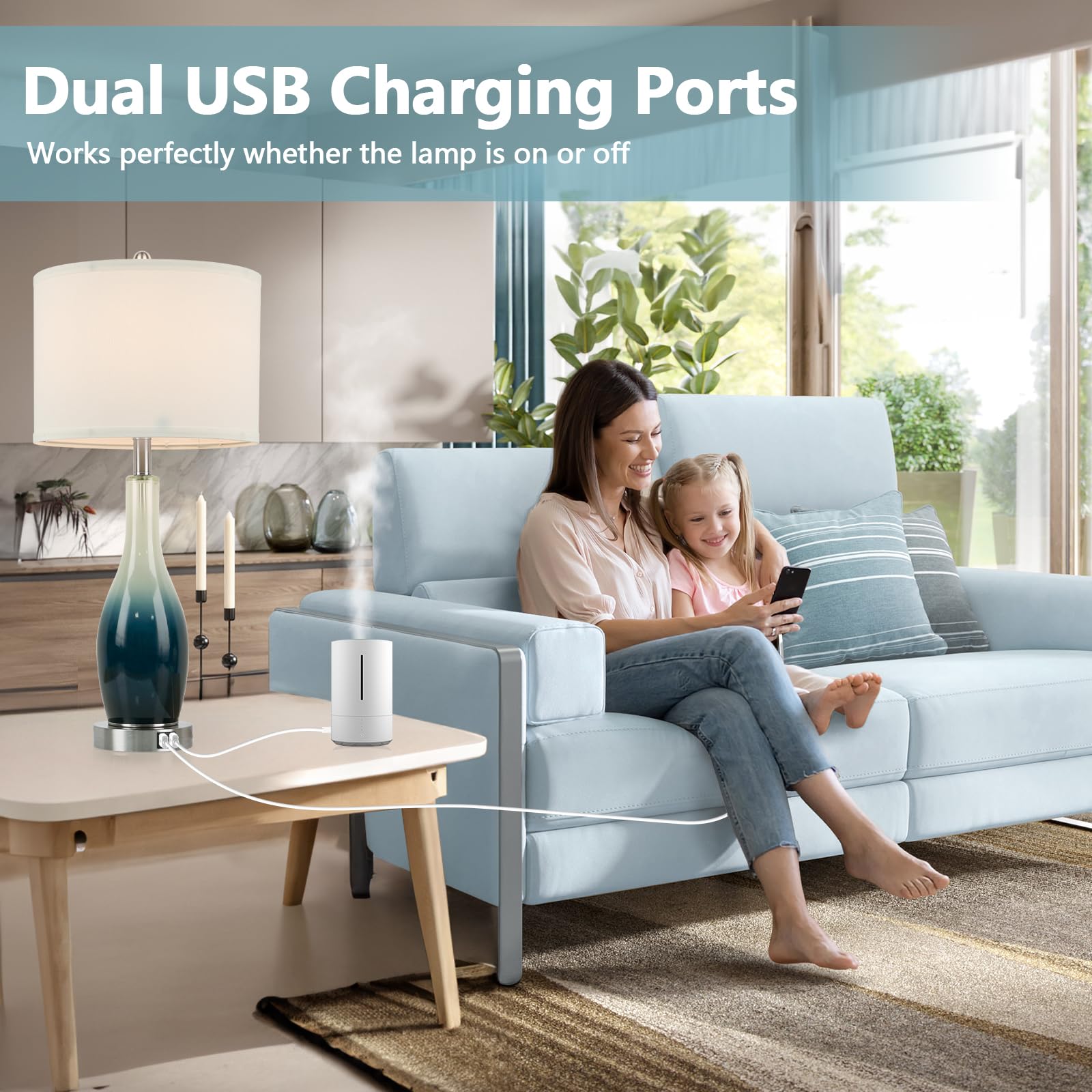 BesLowe 26in Coastal Glass Table Lamps Set of 2 with USB Ports & LED Nightlight, Blue, Modern Design for Living Room & Bedroom