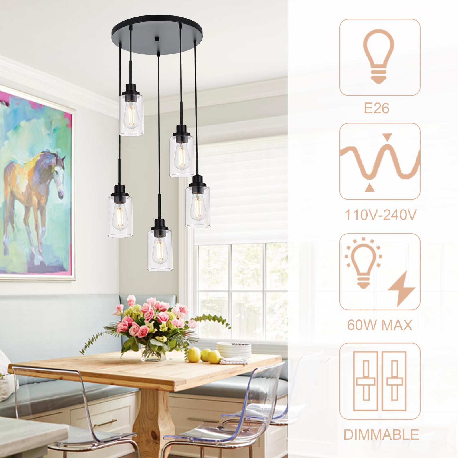 Winshen 5-Light Pendant Light Fixtures, Black Adjustable Height Hanging Lighting Dining Room Chandelier With Clear Glass Shade,