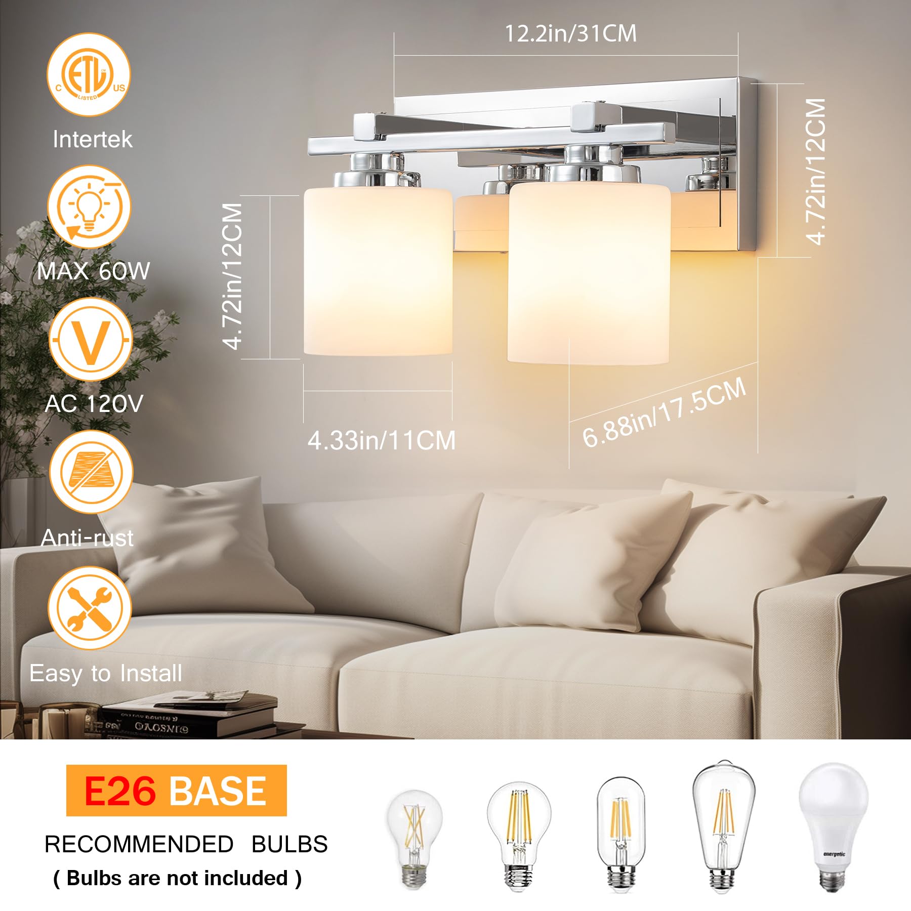 BrkNit 2-Light Modern Bathroom Light Fixtures, Brass Finish, Metal, E26 Socket, J0057-7-2T, Milky White Glass Shades