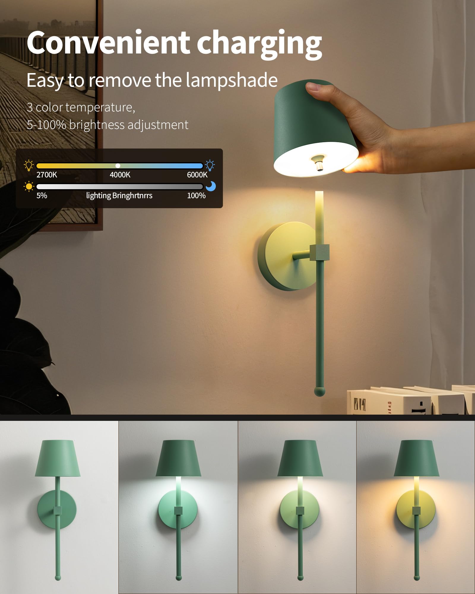 KDG Cordless Wall Sconces Set of 2, LED Wall Lamps, Rechargeable Battery, Metal, Small Size, Green, Model AMZ-TBL-036