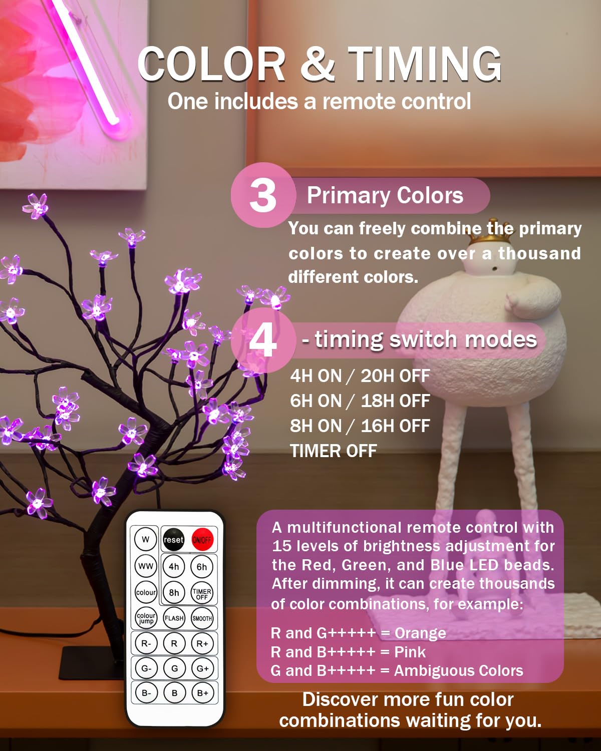 Tybeeu 20 Inch Cherry Blossom Bonsai Tree, Full-Color Diy Dimming And Mixing, With 24V Ul-Listed Adapter And Metal Base, Ideal As Night Lights, Rgb Color Changing Lights
