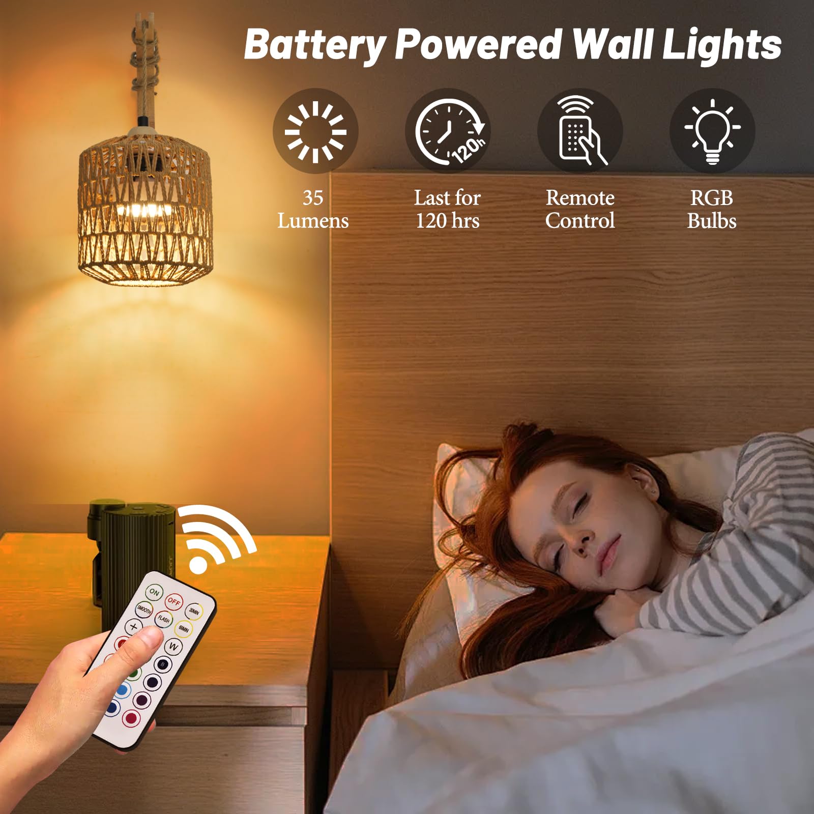 NOVCAND Battery Operated Wall Sconce Set of Two, Rechargeable Rattan, RGB 15 Colors Dimmable, Black, Model TW20240806-A