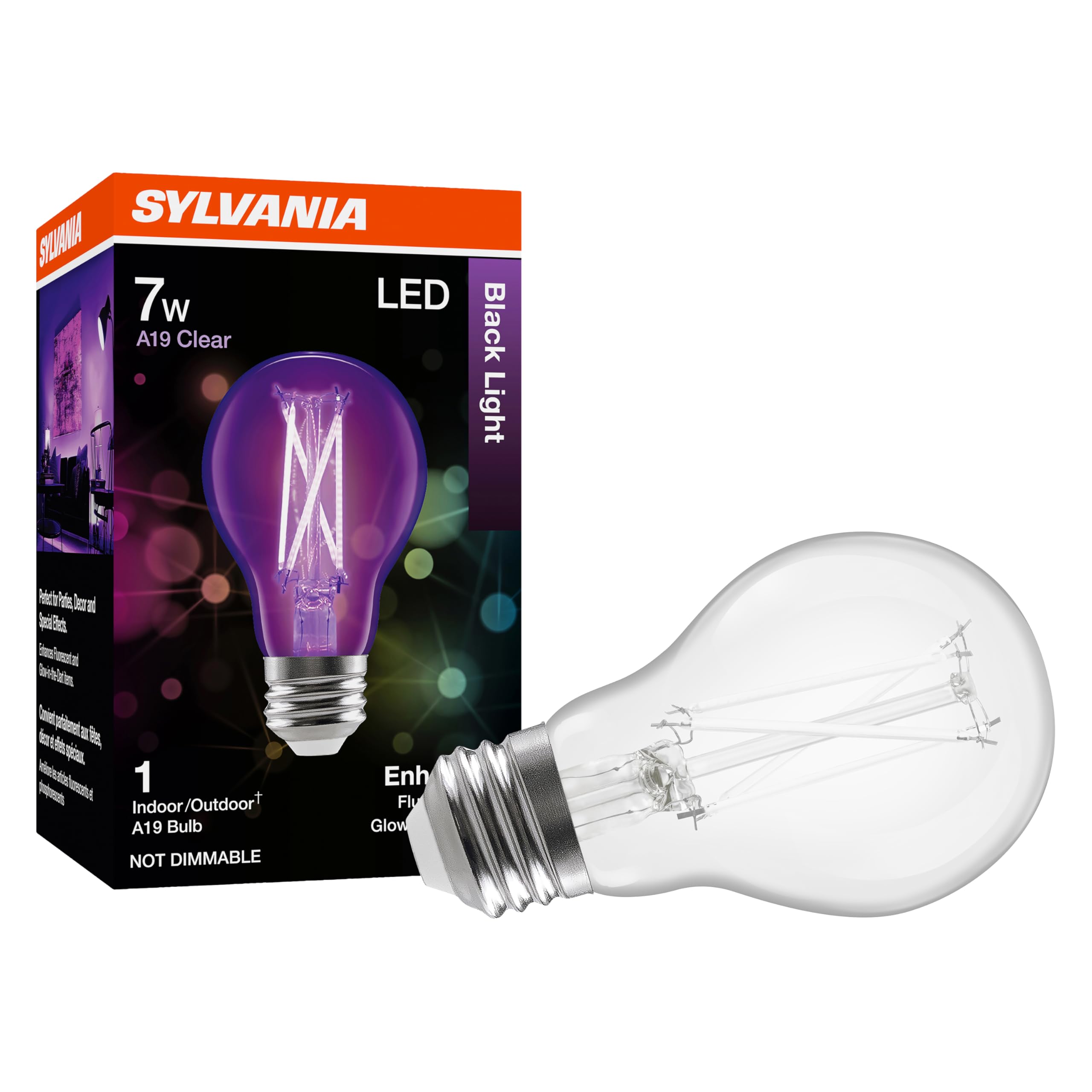 Sylvania Black Light LED Light Bulb, 7W, A19, Medium Base, Clear - 1 Pack (42560)