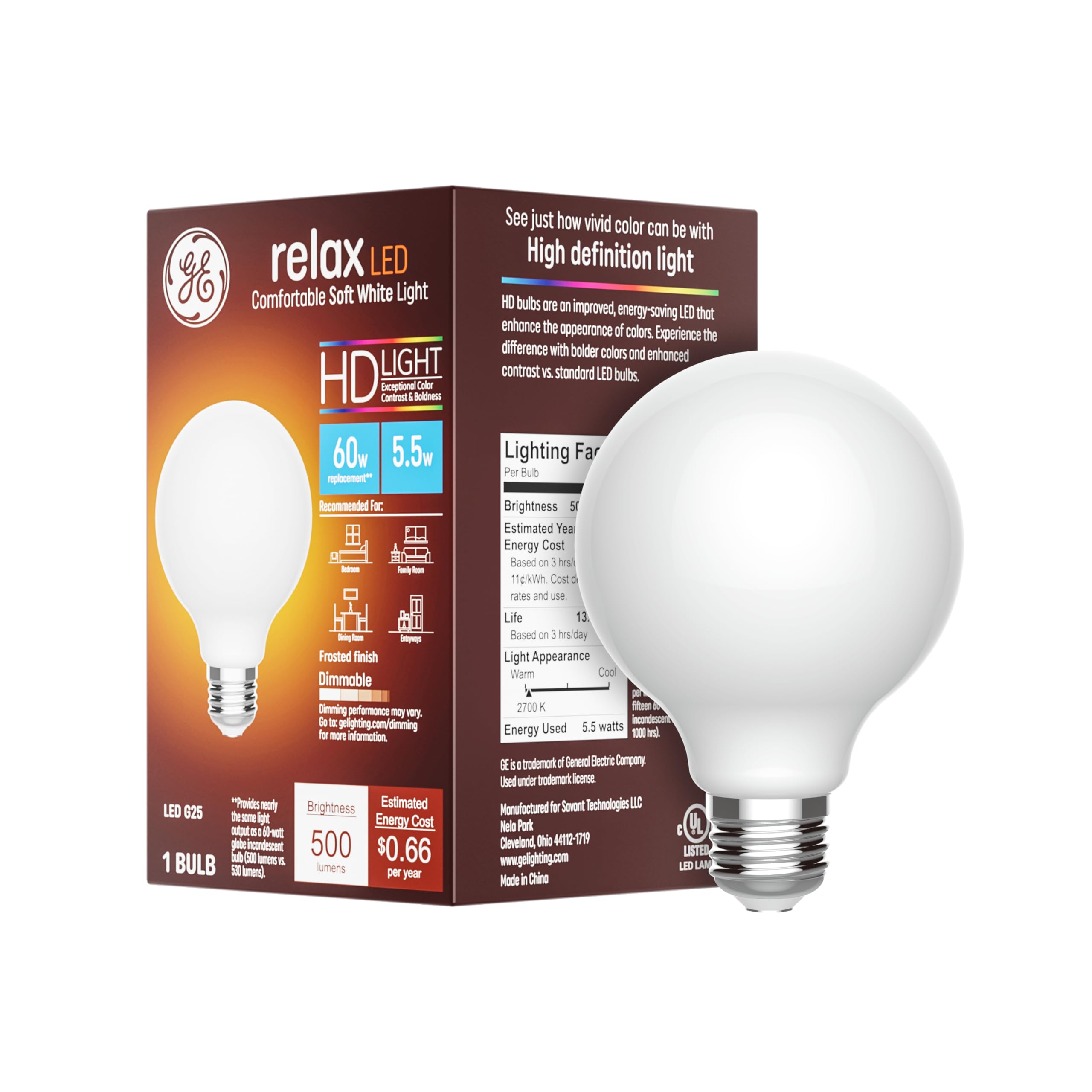 Ge Relax Led Light Bulb, 60 Watt, Soft White, G25 Globe Bulb, Frosted, Medium Base (1 Pack)