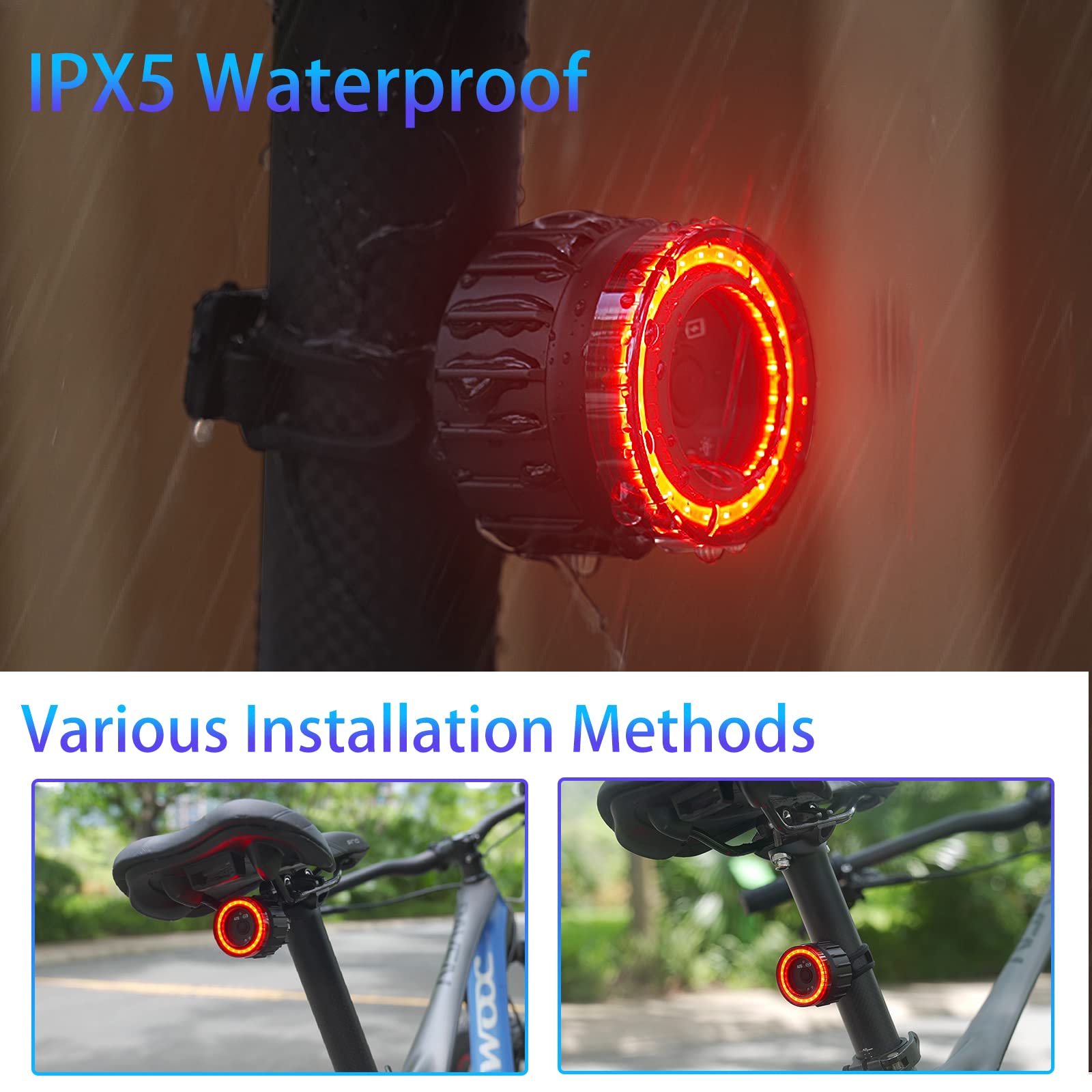 Bike Tail Light,Smart Bicycle Rear Light,USB-C Rechargable Bike Light with Brake Sensing Motion Sensing,Light Sensing Bump Sensi