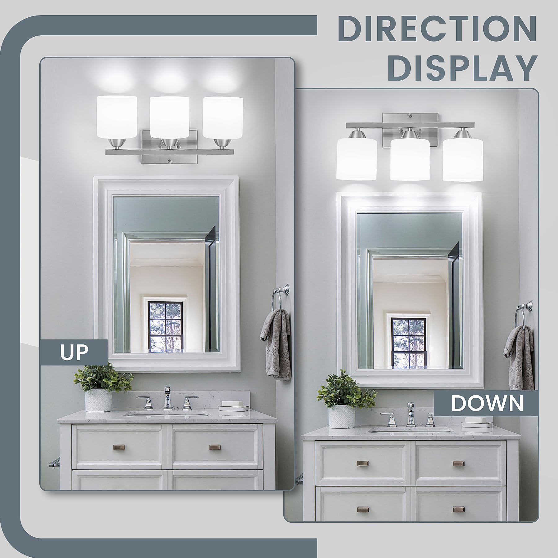 CANMEIJIA 3-Light Bathroom Vanity Light Fixture, Brushed Nickel, Aluminum, Milky White Glass Shades, Model CMJ-JQD-001