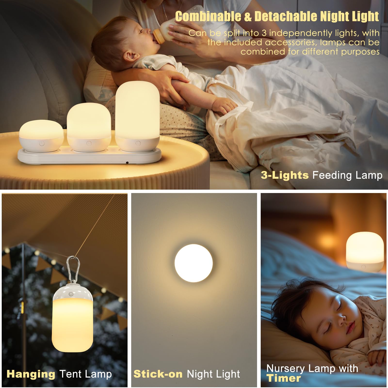 Benaep 3-in-1 Rechargeable Night Light - Dimmable, Remote Control, Set of 3, 17 Colors, ABS Material, Baby Night Light