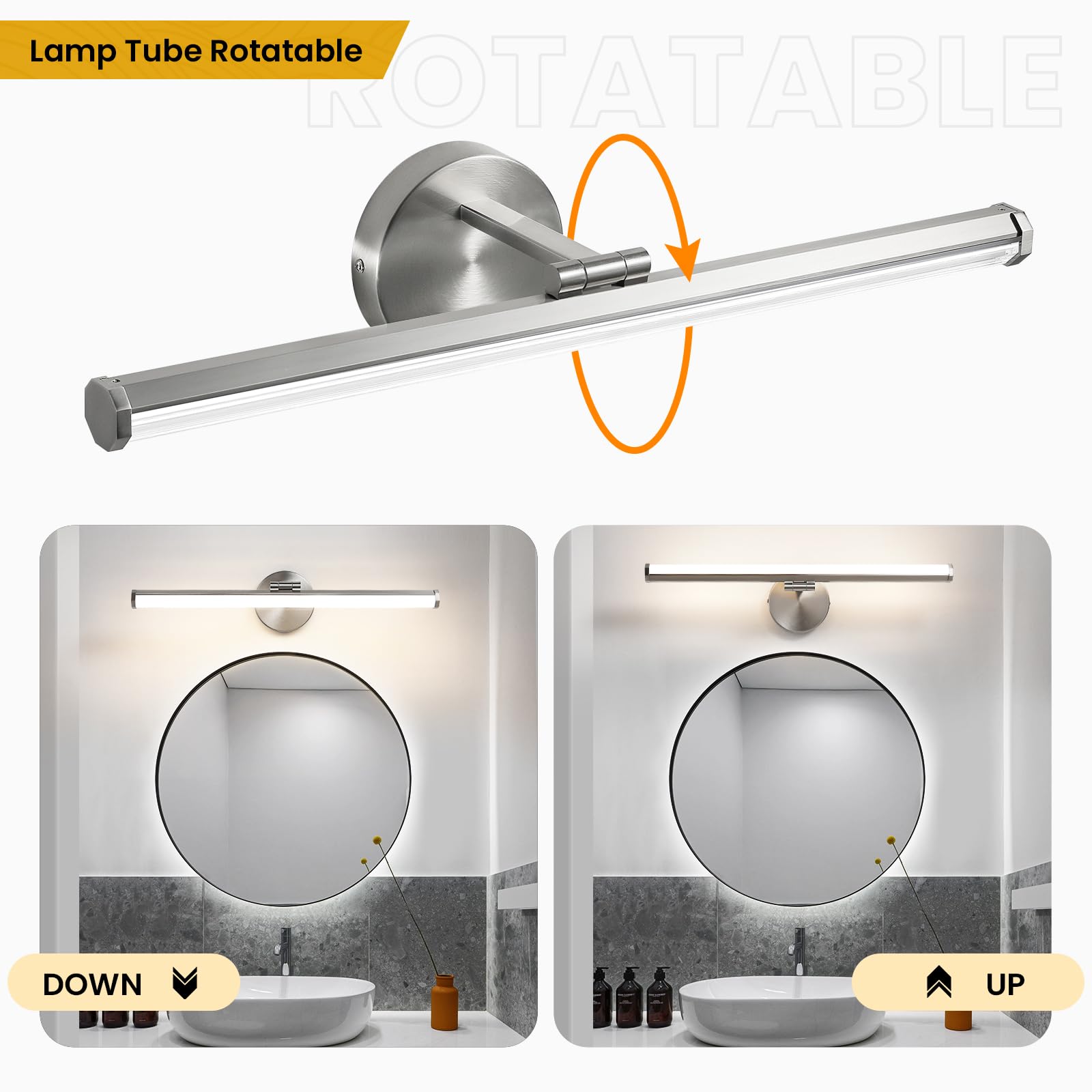 Kaisite 22" Brushed Nickel Led Bathroom Light Fixture, Dimmable, Rotatable, Modern Design