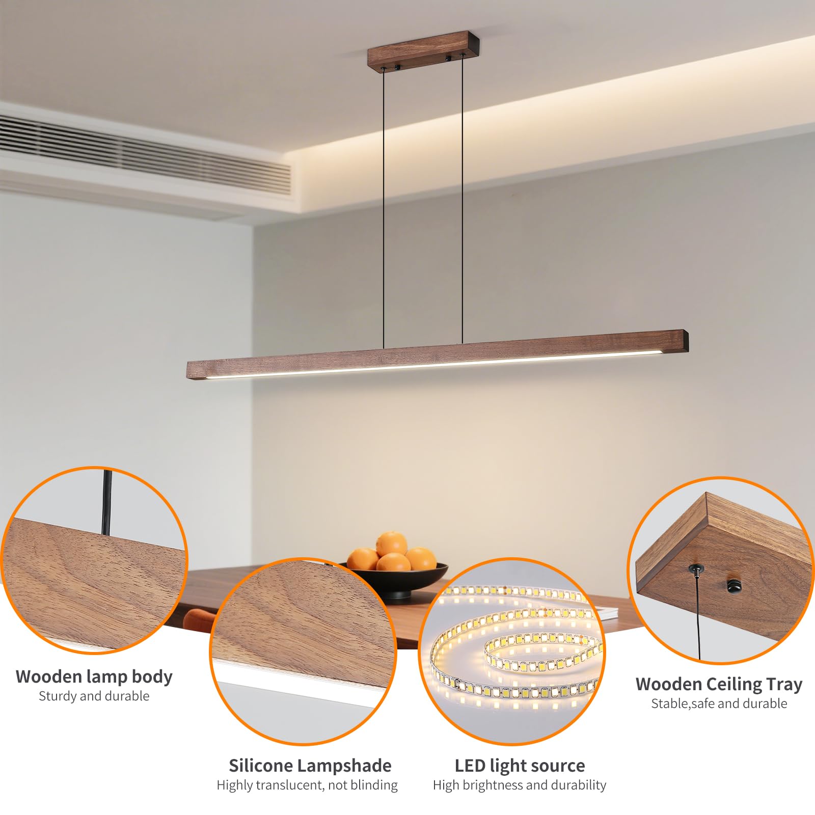 Modern Wooden Pendant Light  47In Walnut Wooden Chandelier With Remote Control 3000K-6500K Adjustable Color Temperature Aluminum Island Lighting Lamp For Dining Room  Living Room B