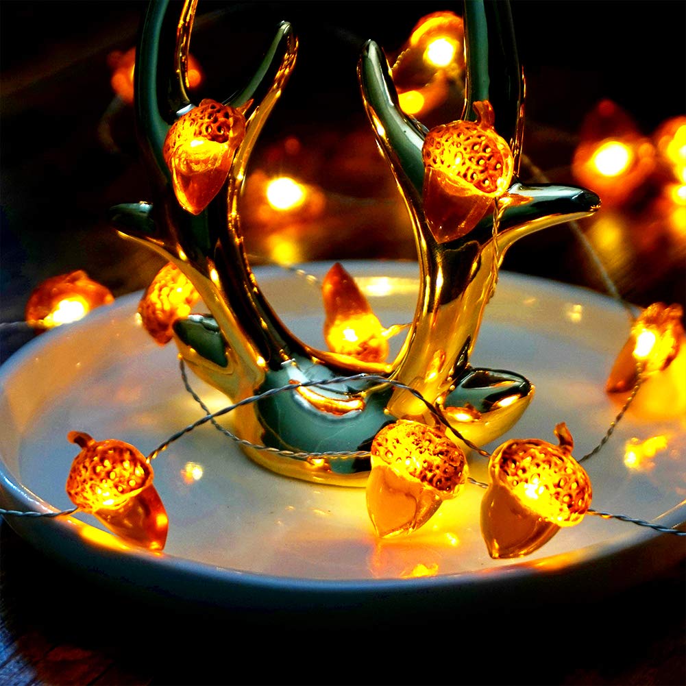 BOHON Acorn String Lights - 10ft 40 LEDs, Battery Operated with Remote, Amber Color, Fall Decor for Home, Halloween, Christmas