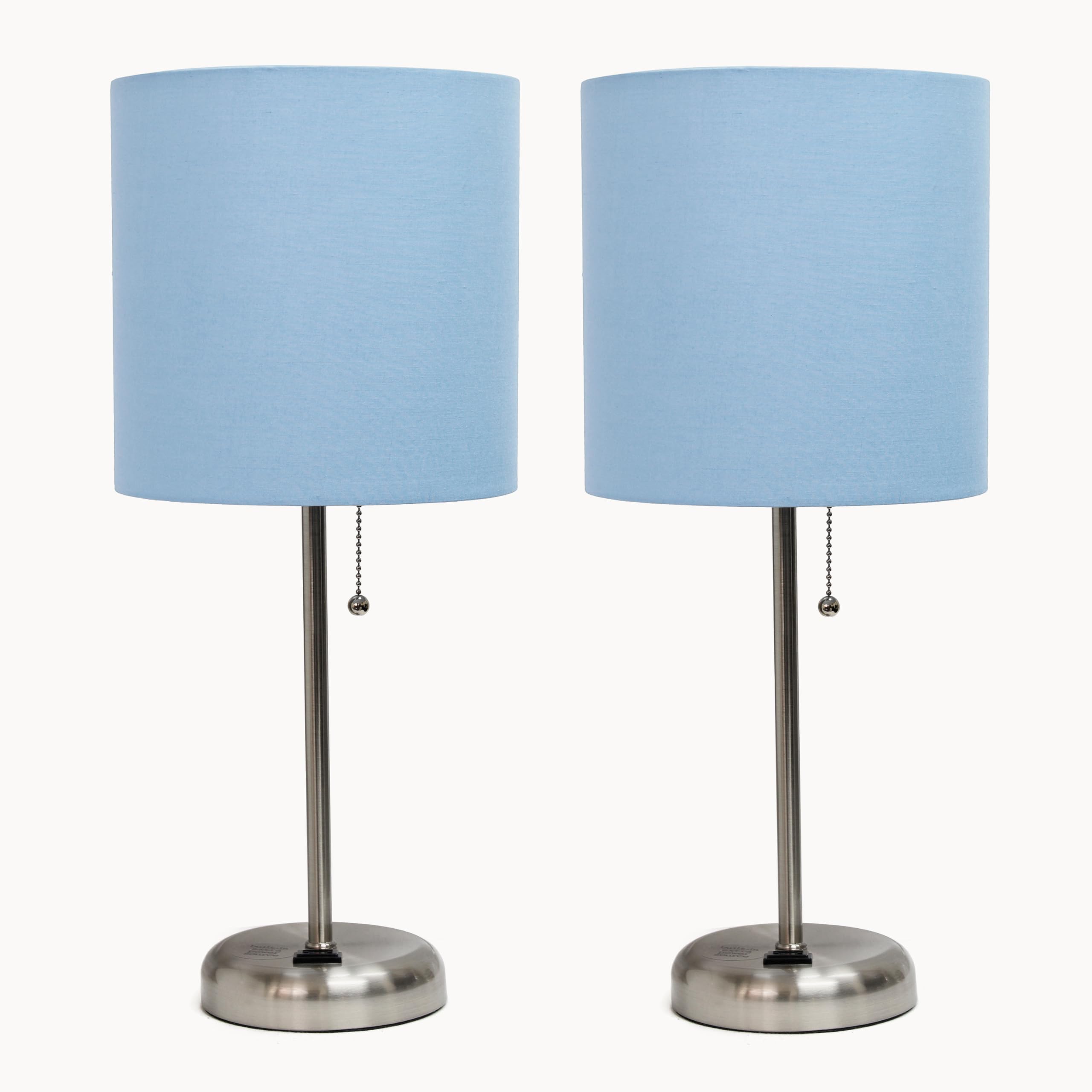 Simple Designs Lc2001-Blu-2Pk Brushed Steel Stick Table Lamp Set With Charging Outlet And Blue Fabric Shades, 2 Pack Set