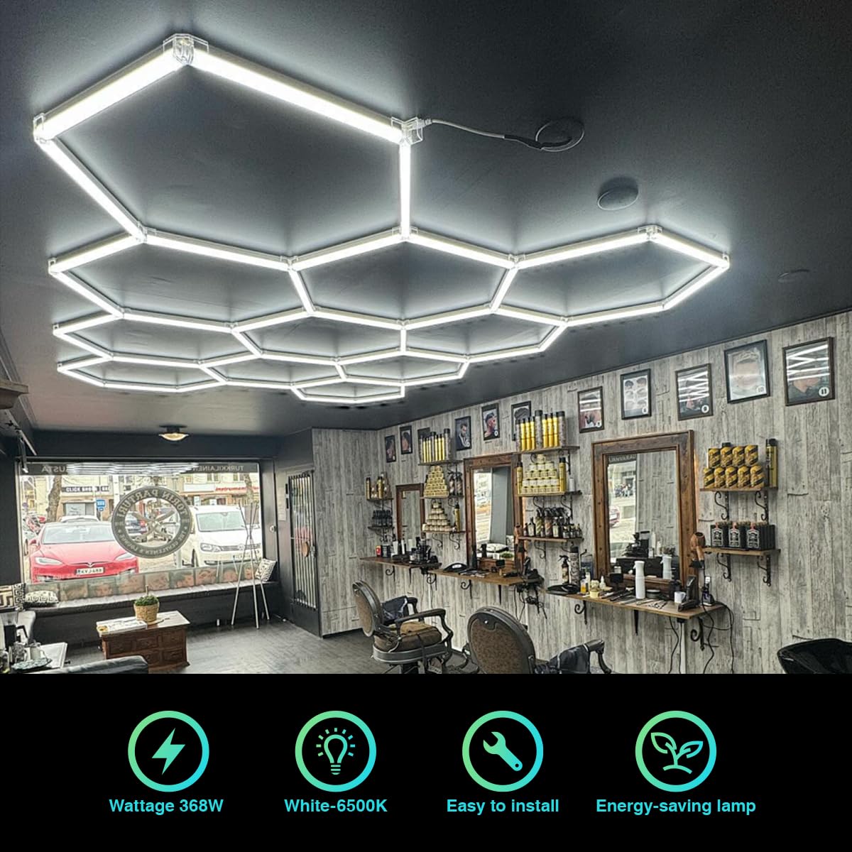 Cezelux Hexagon Garage Lights, 11 Honeycomb 46Packs Tubes 6500K 368W 3.2X2.3M, Honeycomb Garage Lights Ceiling Led Car Detailing Lighting For Gym Basement Warehouse Auto Beauty Shop Hair Salon Office