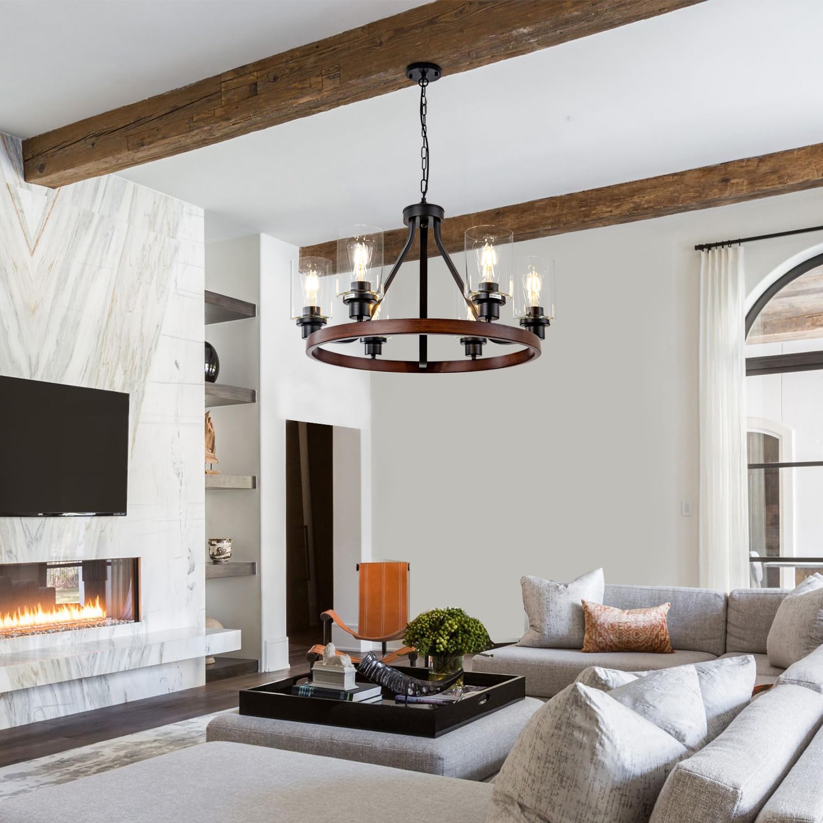 Lanhall 6-Light Chandelier, Rustic Wooden Pendant Light Fixture, Adjustable Height, Metal, Model 23927