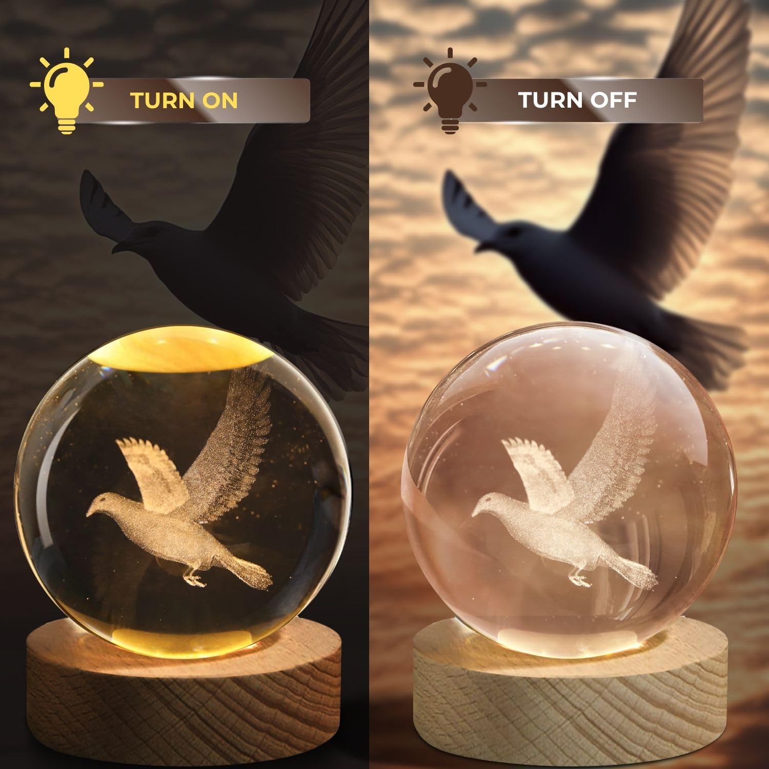 Flexzion 3D Bird Crystal Ball Night Light - 3.15" LED Glass Lamp, Gold Wood Base, Adjustable Brightness, USB Powered