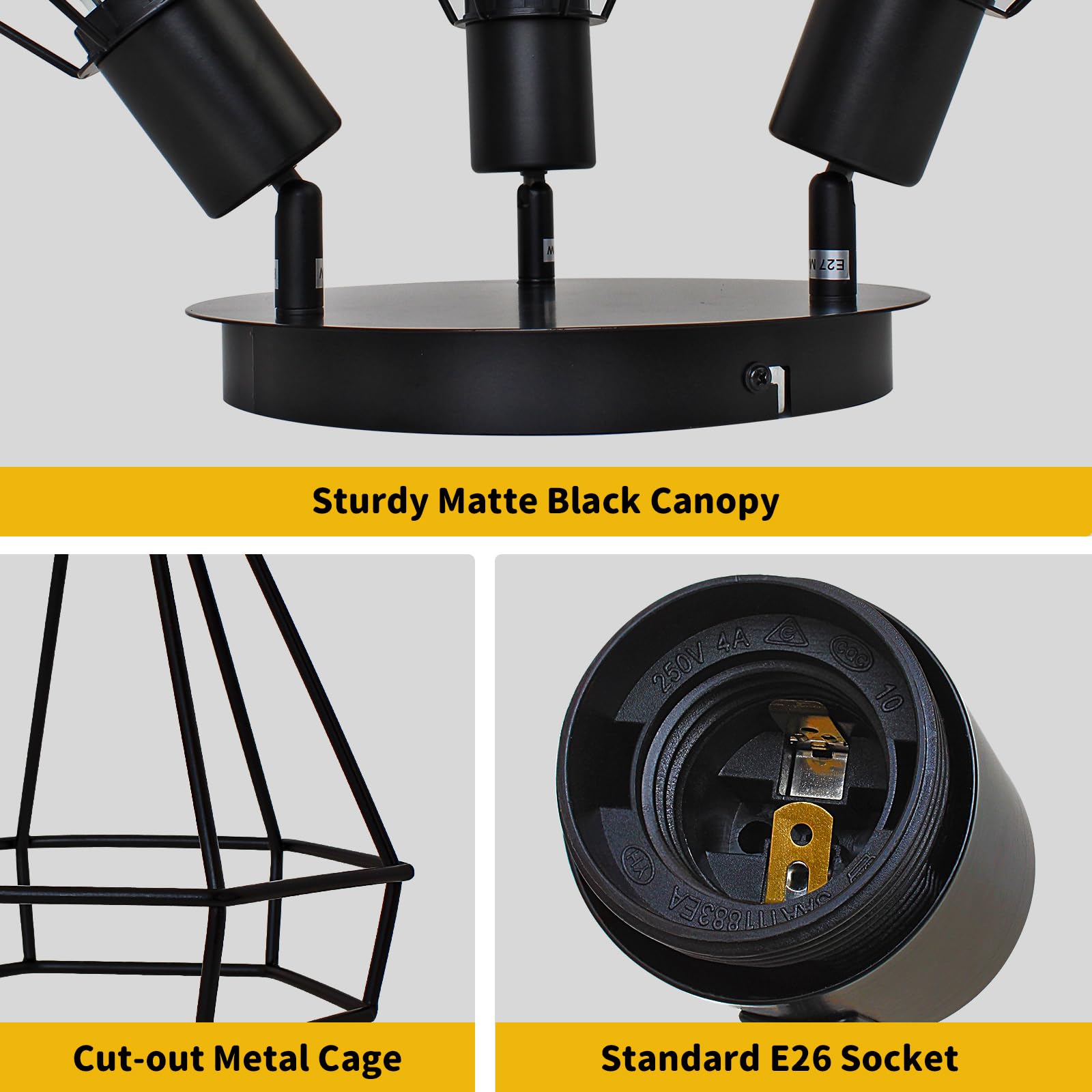 Hibay Led Track Lighting Fixtures, 3-Light Adjustable Directional Ceiling Light, Black Geometric Metal Cage Industrial Spotlight