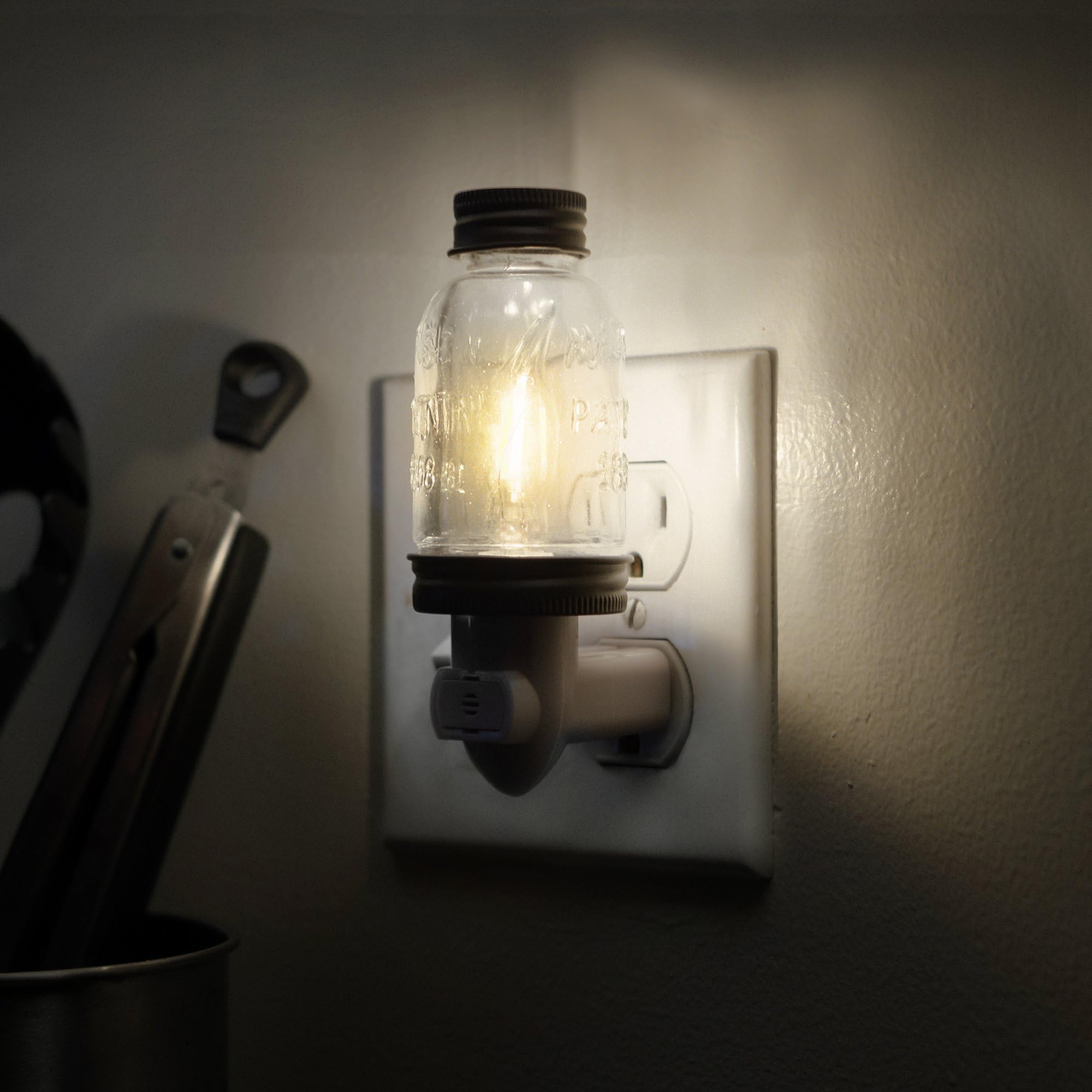 Rustic Mini Mason Jar Night Light In Bronze | Auto On/Off Sensor | Plug In Farmhouse Wall Decor | Cute Country Night Light | Energy Efficient Led Bulb | Timeless Design