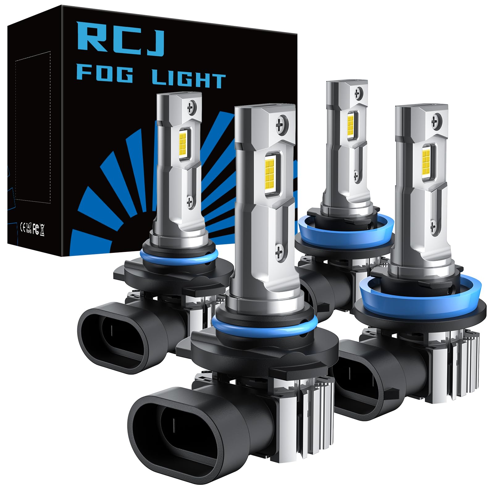 RCJ RCJ 9005/HB3 H11/H8/H9 Bulbs Combo, 32000LM, 6000K Cool White, Mini Size, Aluminum, Pack of 4