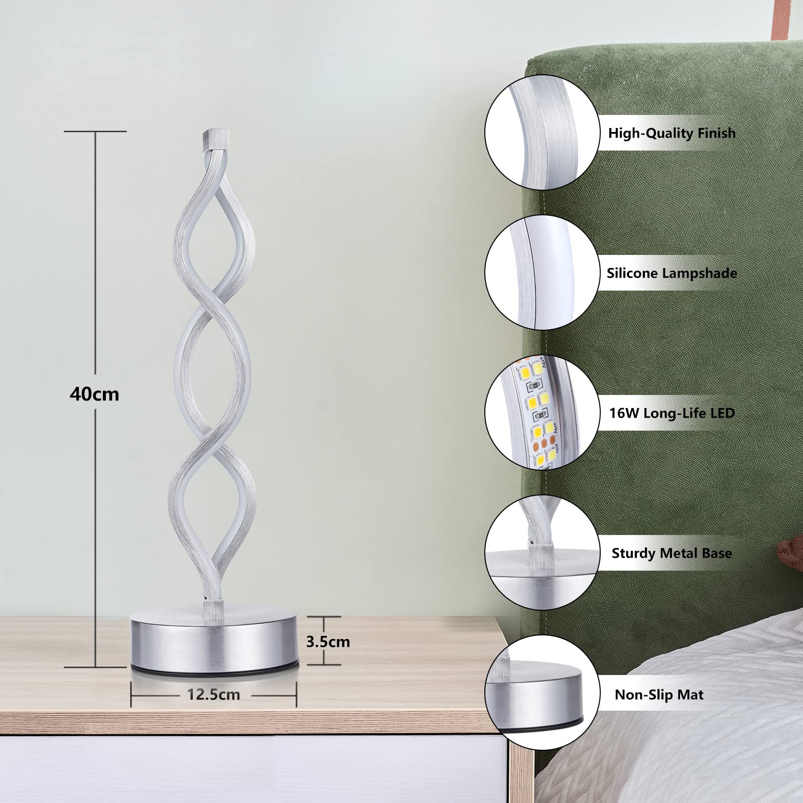 Nur Silver Lamps For Bedrooms Set Of 2, Small Table Lamp, 3 Colour Temperature, 15.8 Inch Height, Bedsides Lamps For Living Room