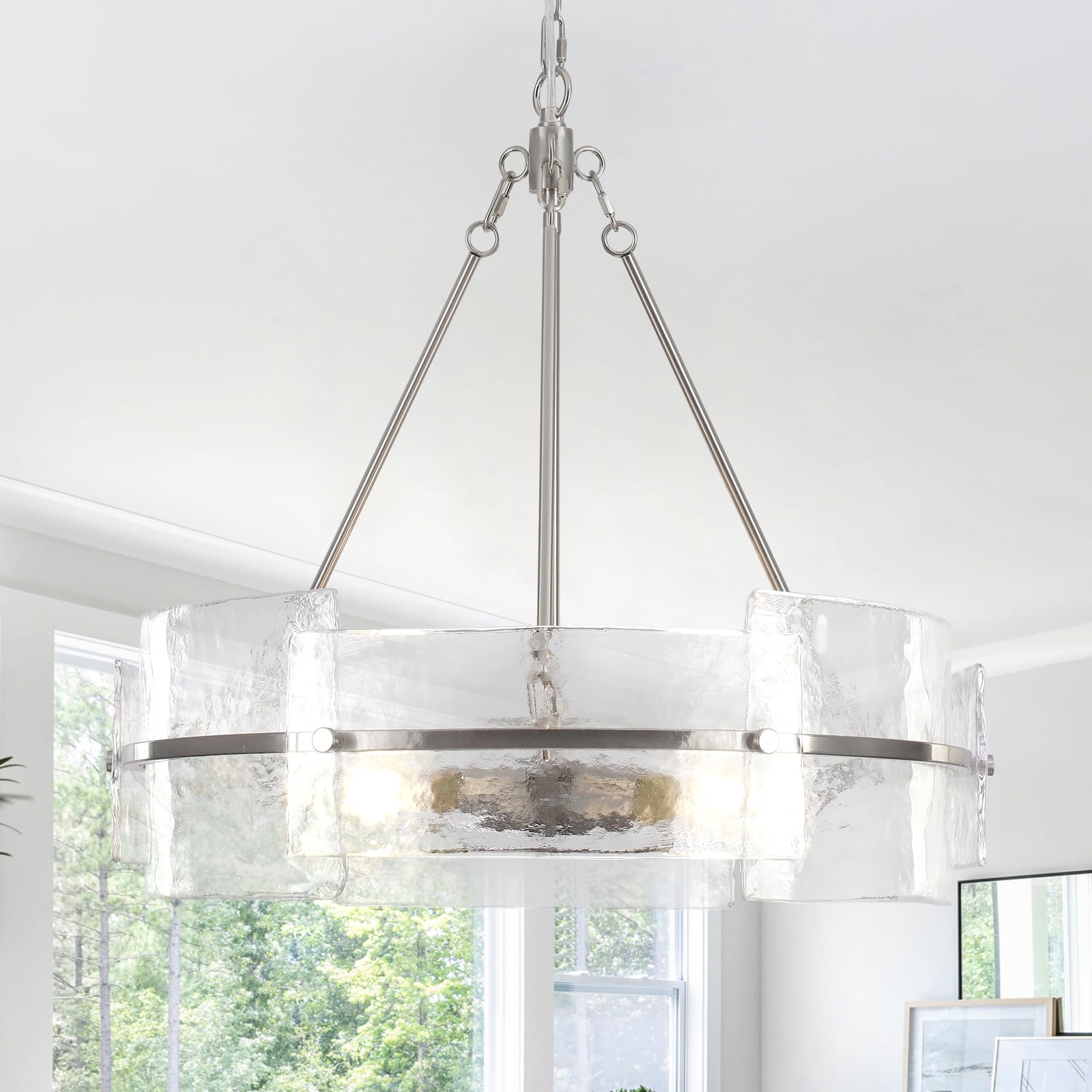 Modern Glass Dining Room Chandelier, 22 Inch Brushed Nickel Drum Kitchen Island Light Fixture Luxury Textured Glass Water Ripple