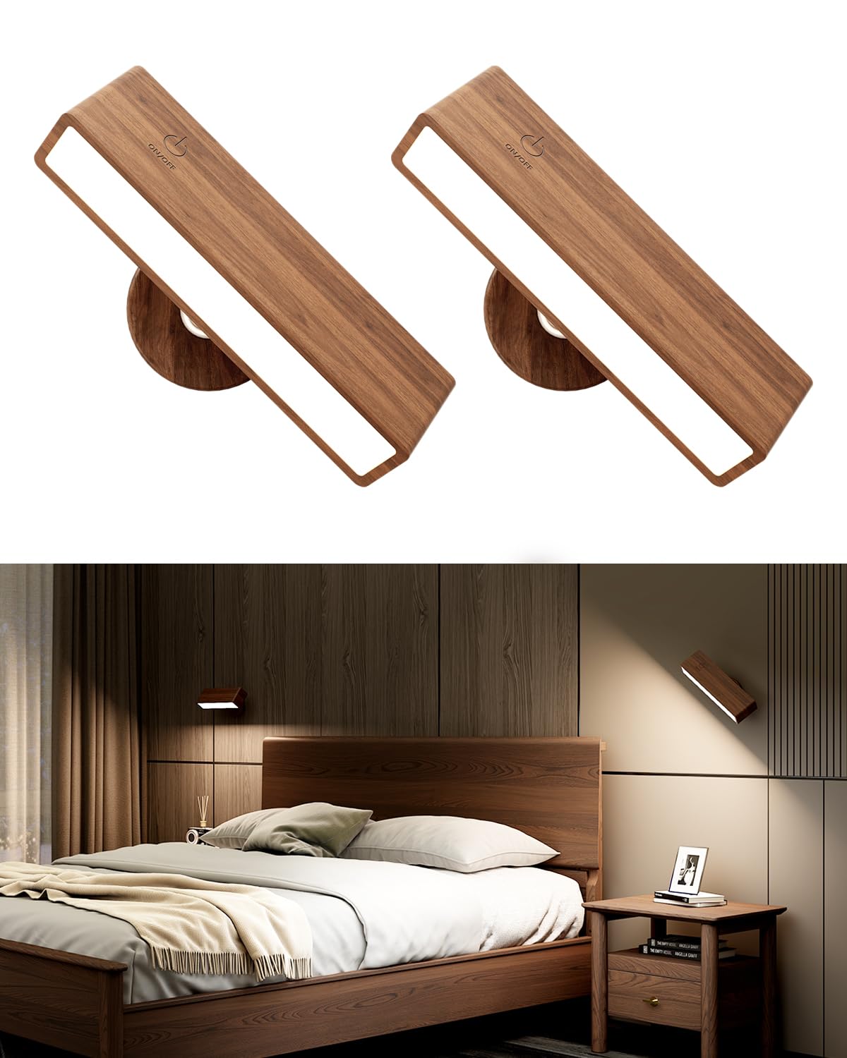 Yilaie Wall Sconces Battery Operated Set Of 2,Rechargeable Wall Sconce For Bedroom,Wireless Wall Lights Dimmable,Wood Wall Light