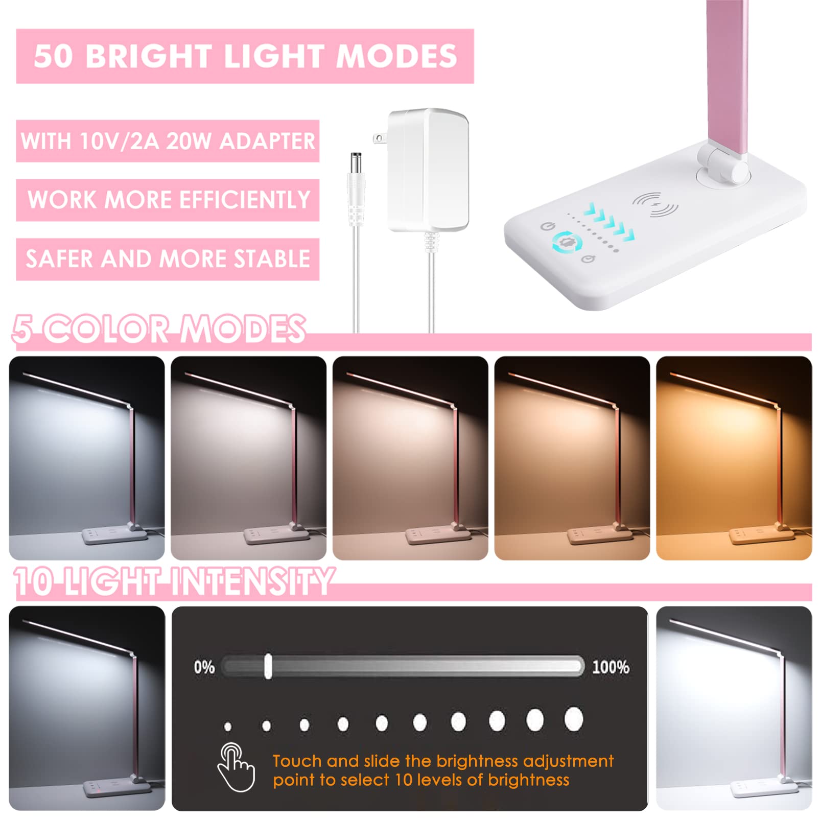 Jostic Led Desk Lamp With Wireless Charger, Usb Charging Port, Desk Lighting With 10 Brightness, 5 Color Modes, Dimmable Eye Car