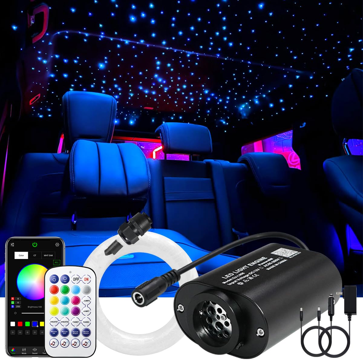 AKEPO Mini Size 6W Twinkle RGBW APP Fiber Optic Lights, Music Activated 150pcs 0.03in 6.5ft/2m Optical Fiber Star Ceiling Light 