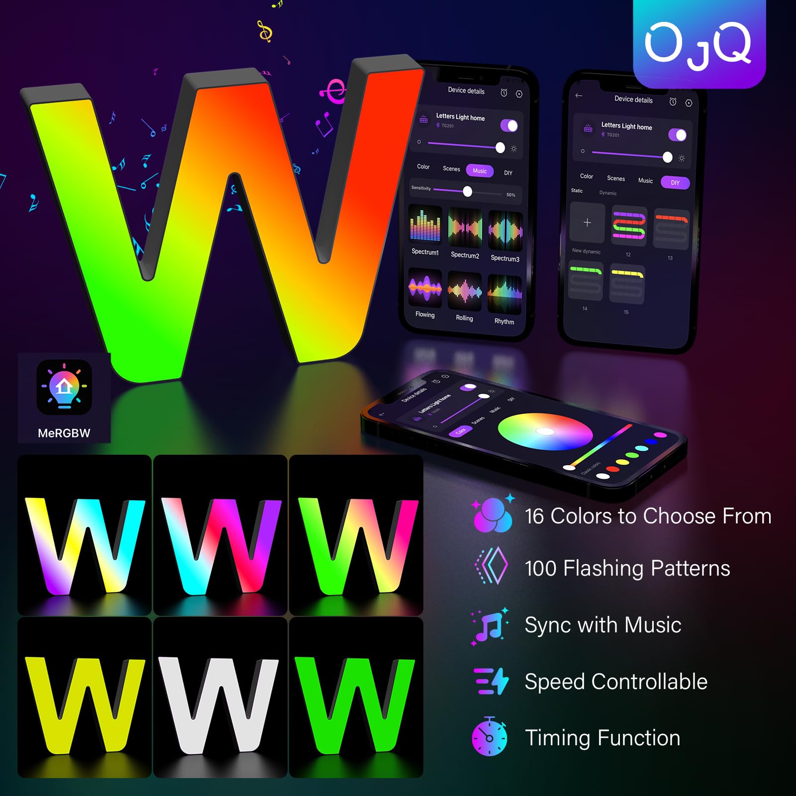OJQ Light Up Letters LED - Colorful Alphabet Decor, Music Sync, Model A1, White, Perfect for Bedroom and Party Gifts