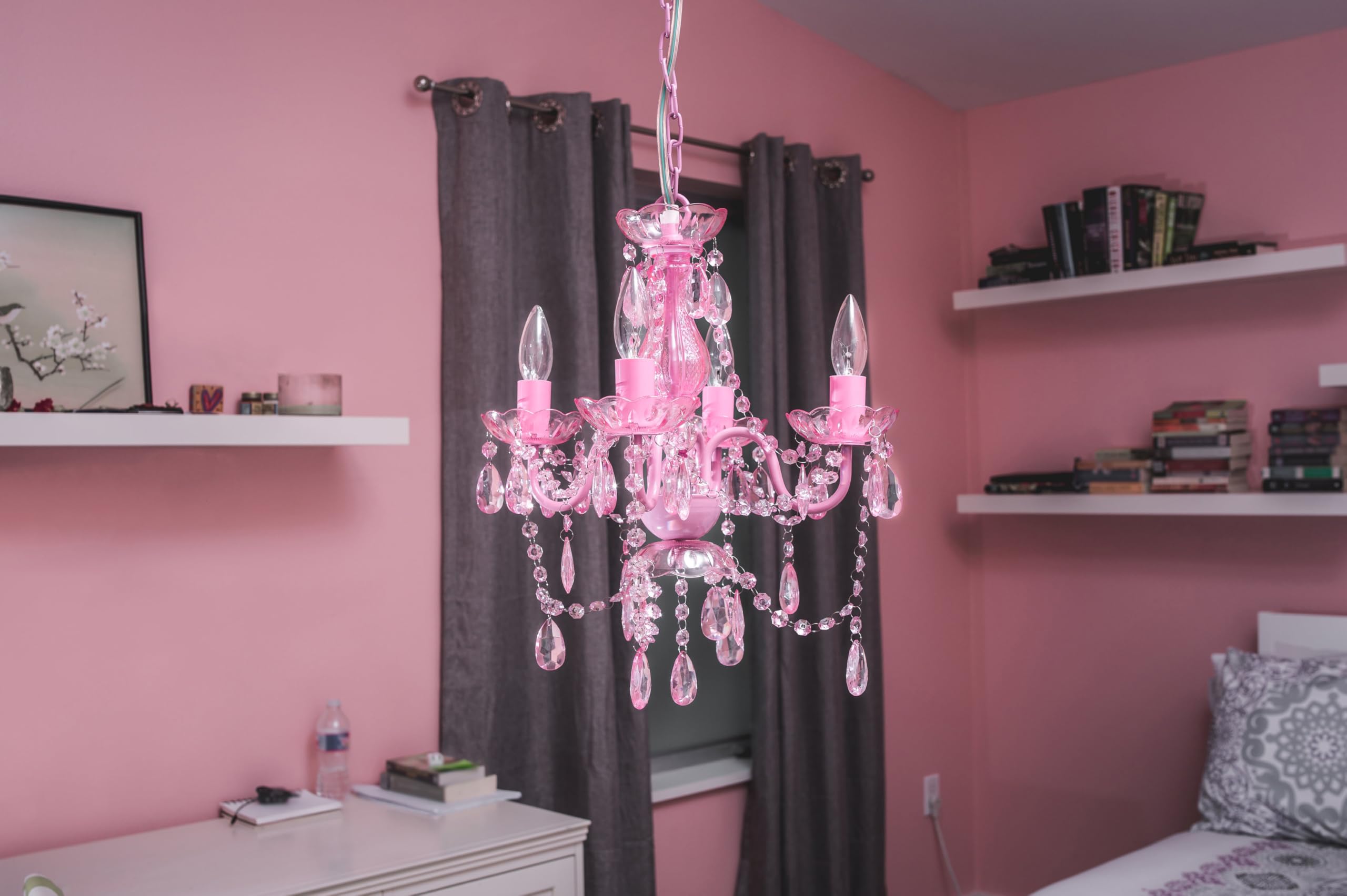 Gypsy Color 4 Light Pink Hardwire Flush Mount Chandelier, Acrylic Crystals, Metal Frame, H17.5”Xw15”, Model Rv-Rsw5-Nmbe